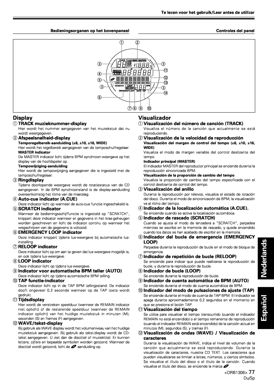 Pioneer CMX-3000 operating instructions Visualizador, Español Nederlands, Display 