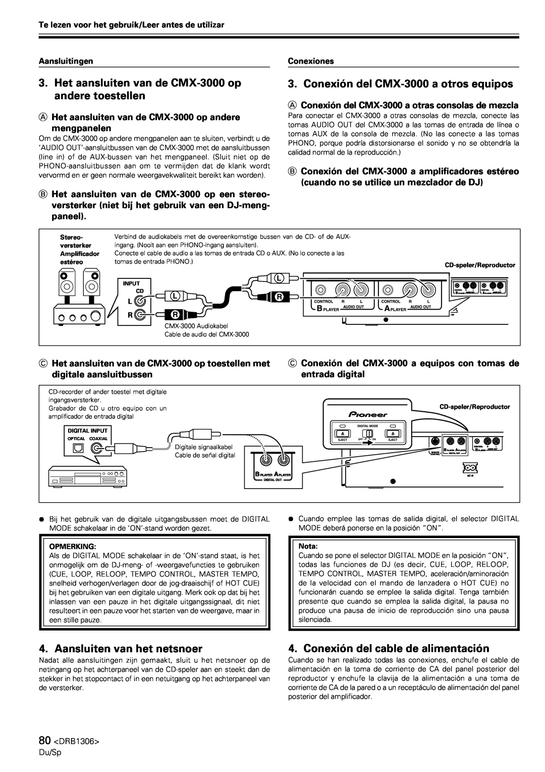 Pioneer Conexión del CMX-3000a otros equipos, Aansluiten van het netsnoer, Conexión del cable de alimentación 