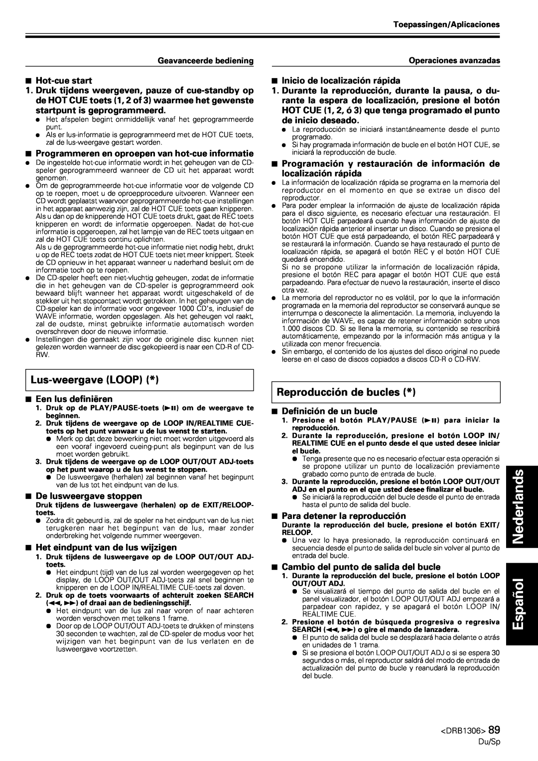 Pioneer CMX-3000 operating instructions Lus-weergaveLOOP, Reproducción de bucles, Español Nederlands 