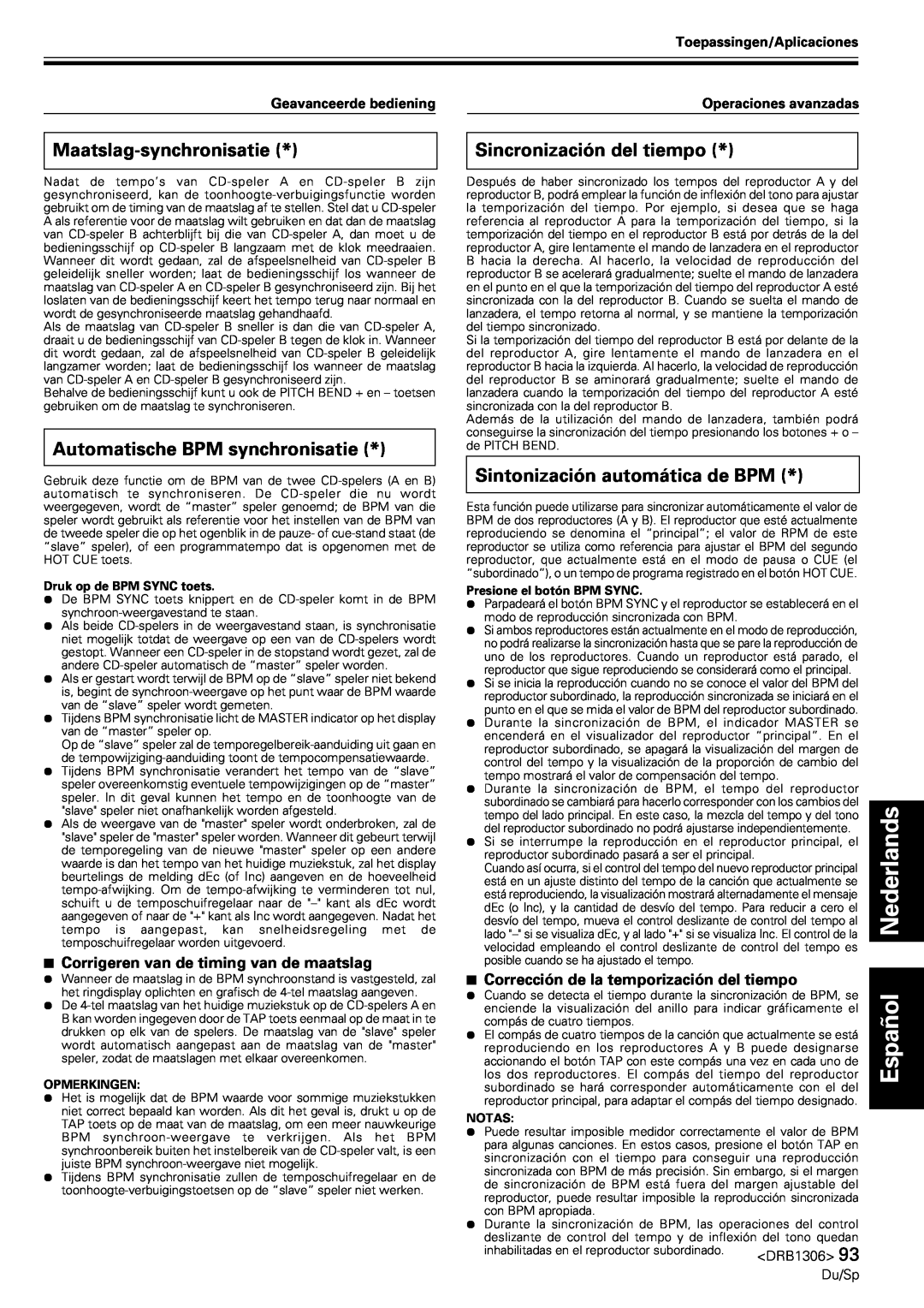 Pioneer CMX-3000 Maatslag-synchronisatie, Automatische BPM synchronisatie, Sincronización del tiempo, Español Nederlands 