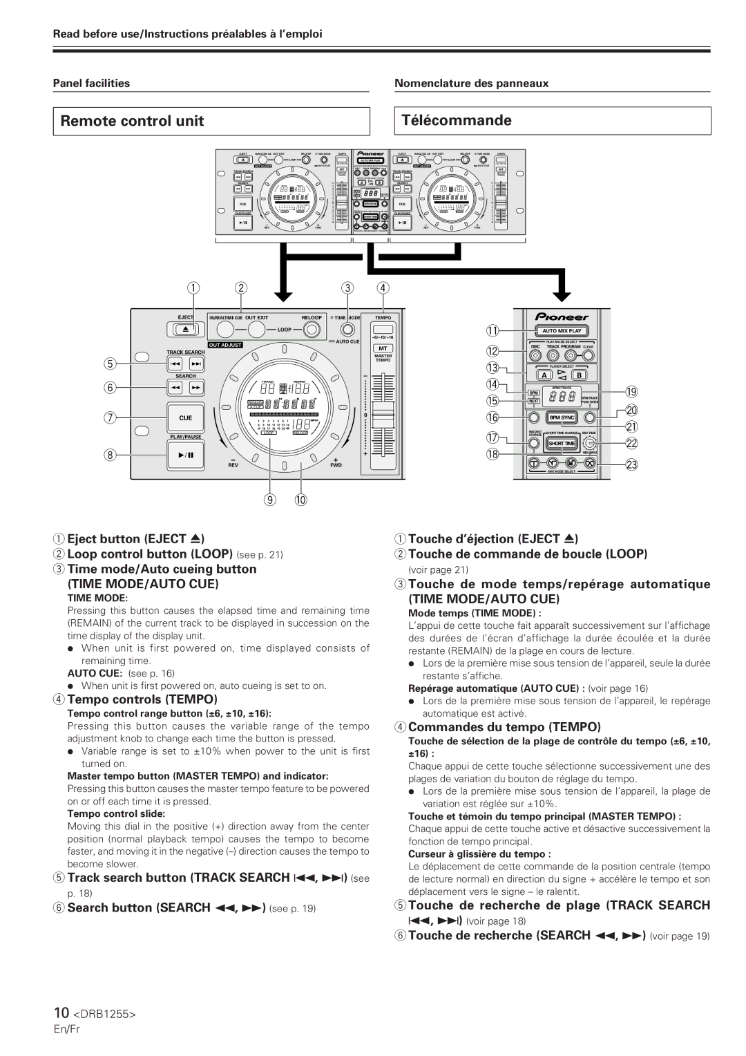 Pioneer CMX-5000 manual Remote control unit Télécommande, Time MODE/AUTO CUE 