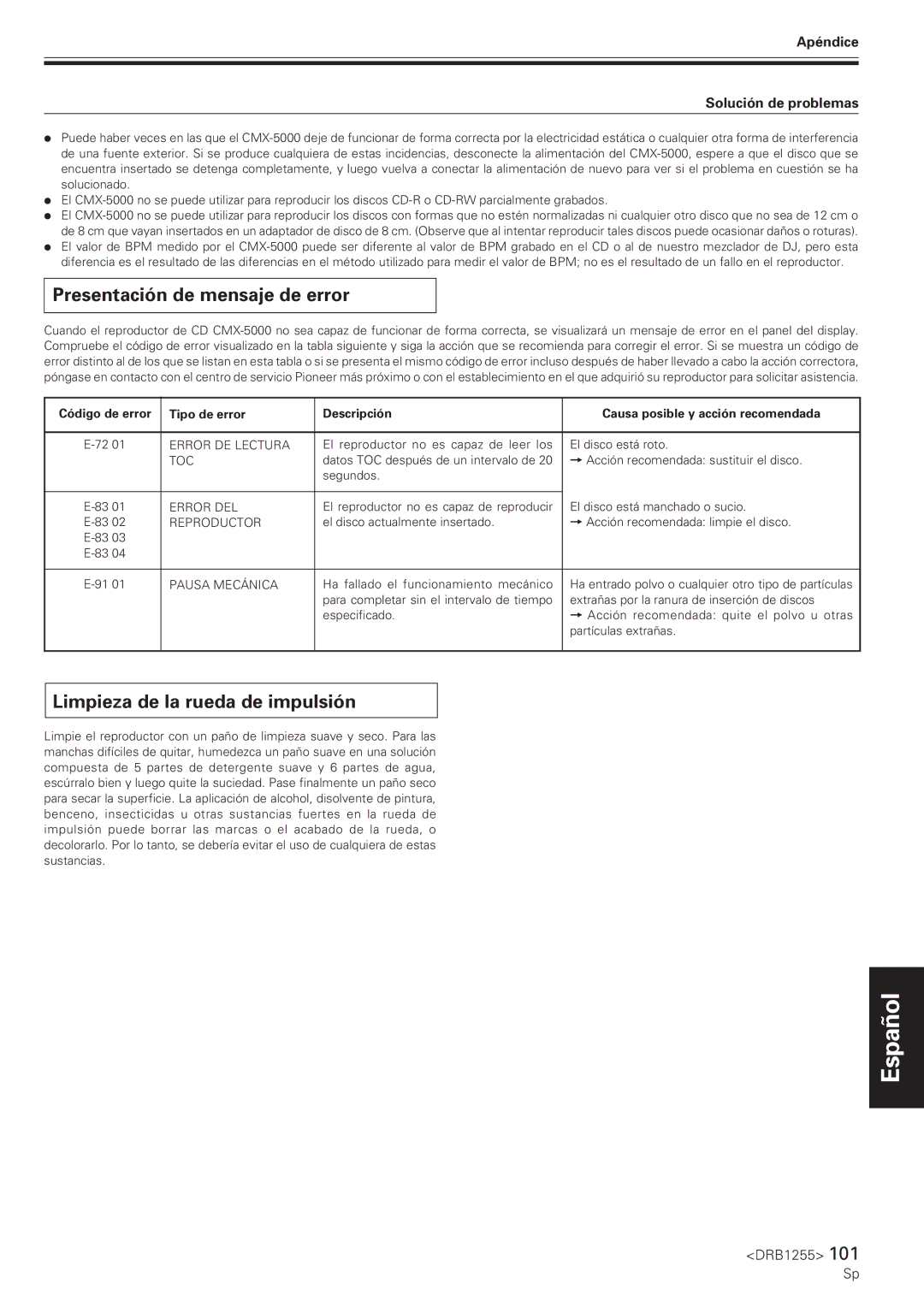 Pioneer CMX-5000 manual Presentación de mensaje de error, Limpieza de la rueda de impulsión, Apéndice Solución de problemas 