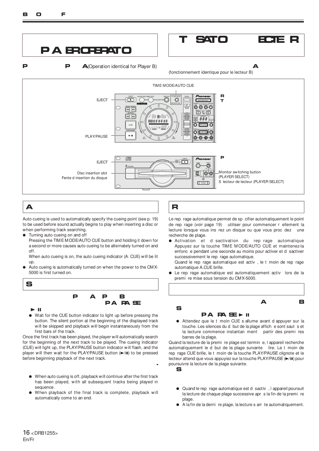 Pioneer CMX-5000 manual DJ Player Operation, Utilisation DU Lecteur DJ 