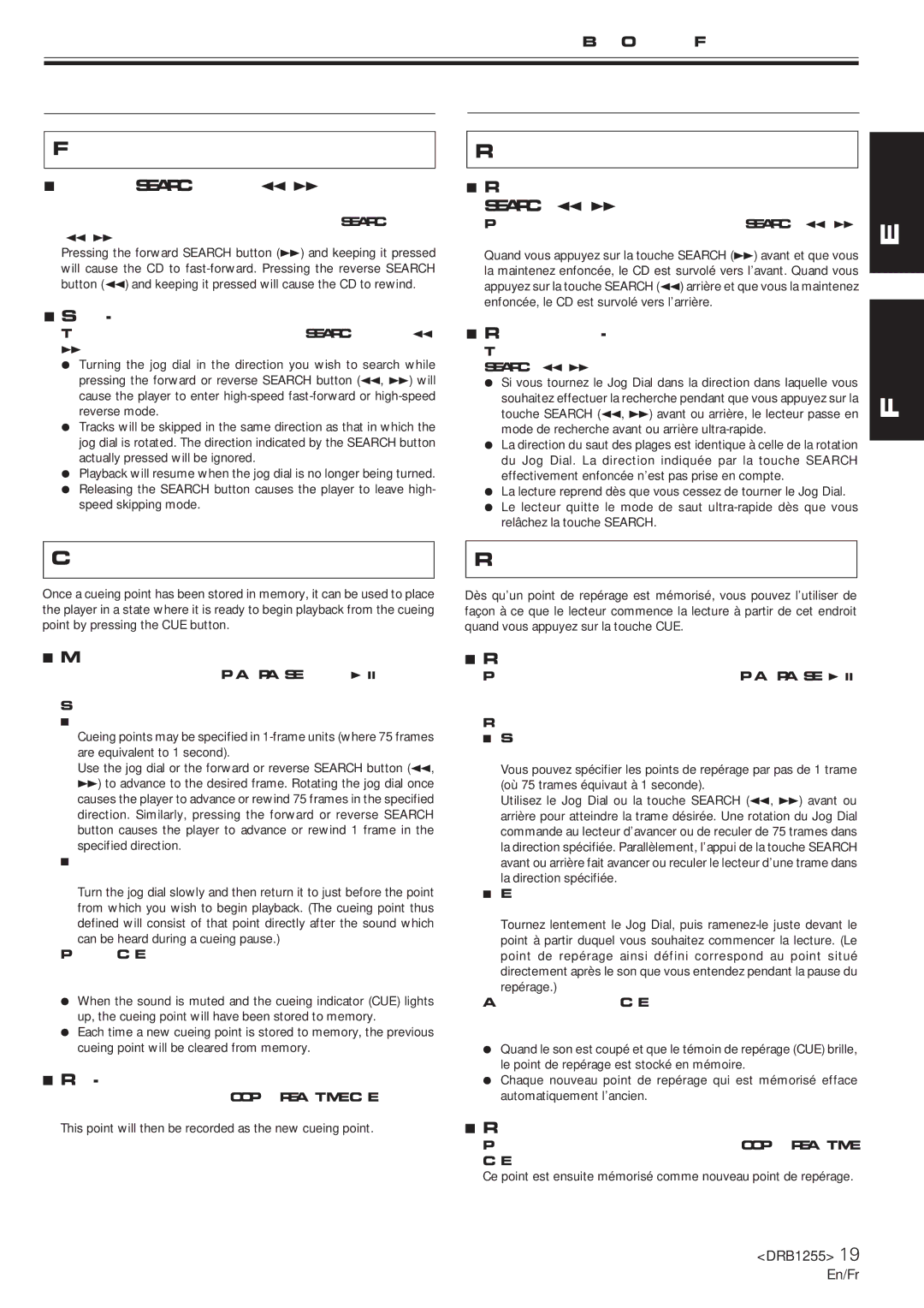 Pioneer CMX-5000 Fast forward and rewind, Recherches avant et arrière, Cueing point settings Réglage de points de repérage 
