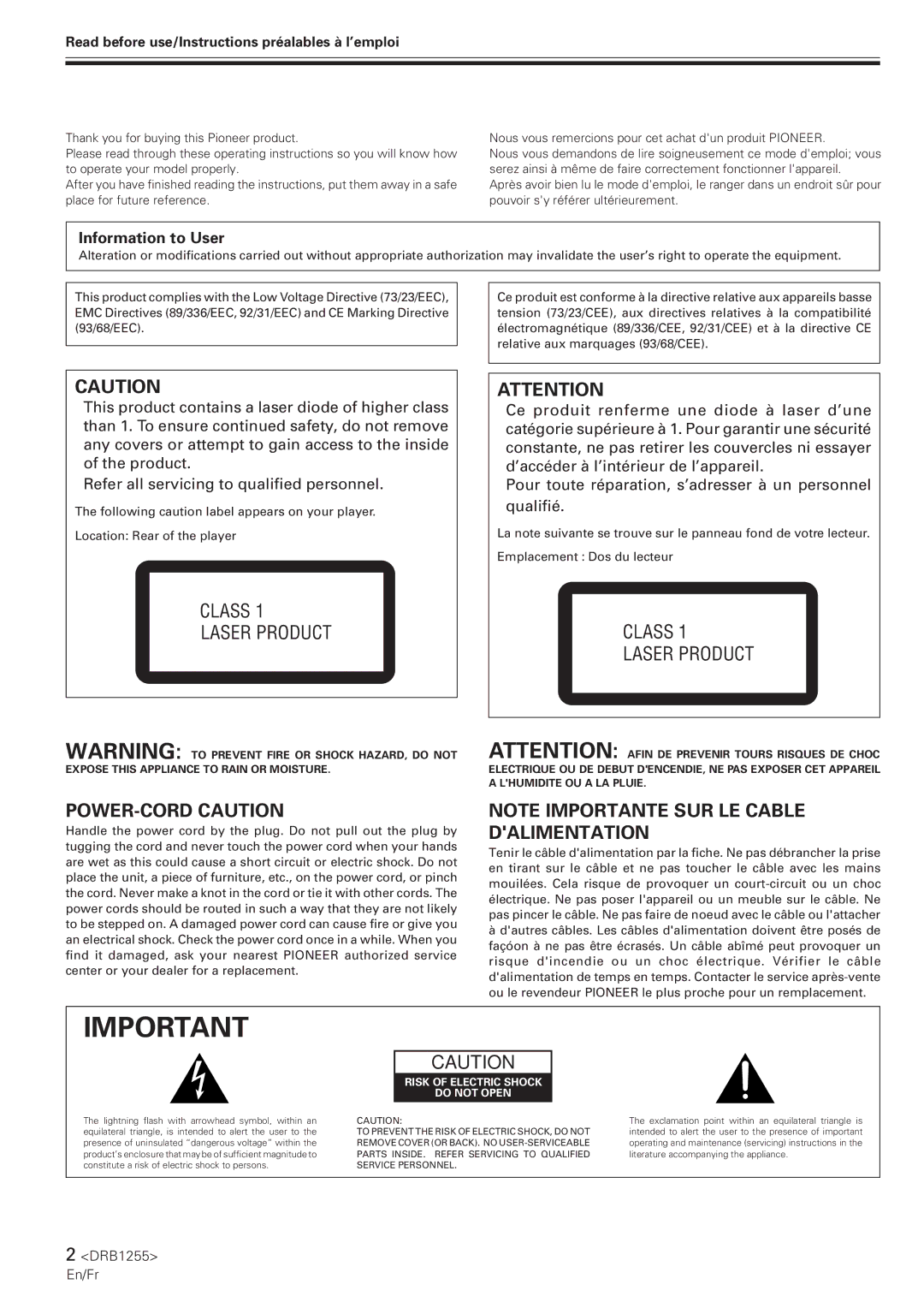 Pioneer CMX-5000 manual Information to User, Read before use/Instructions préalables à l’emploi 