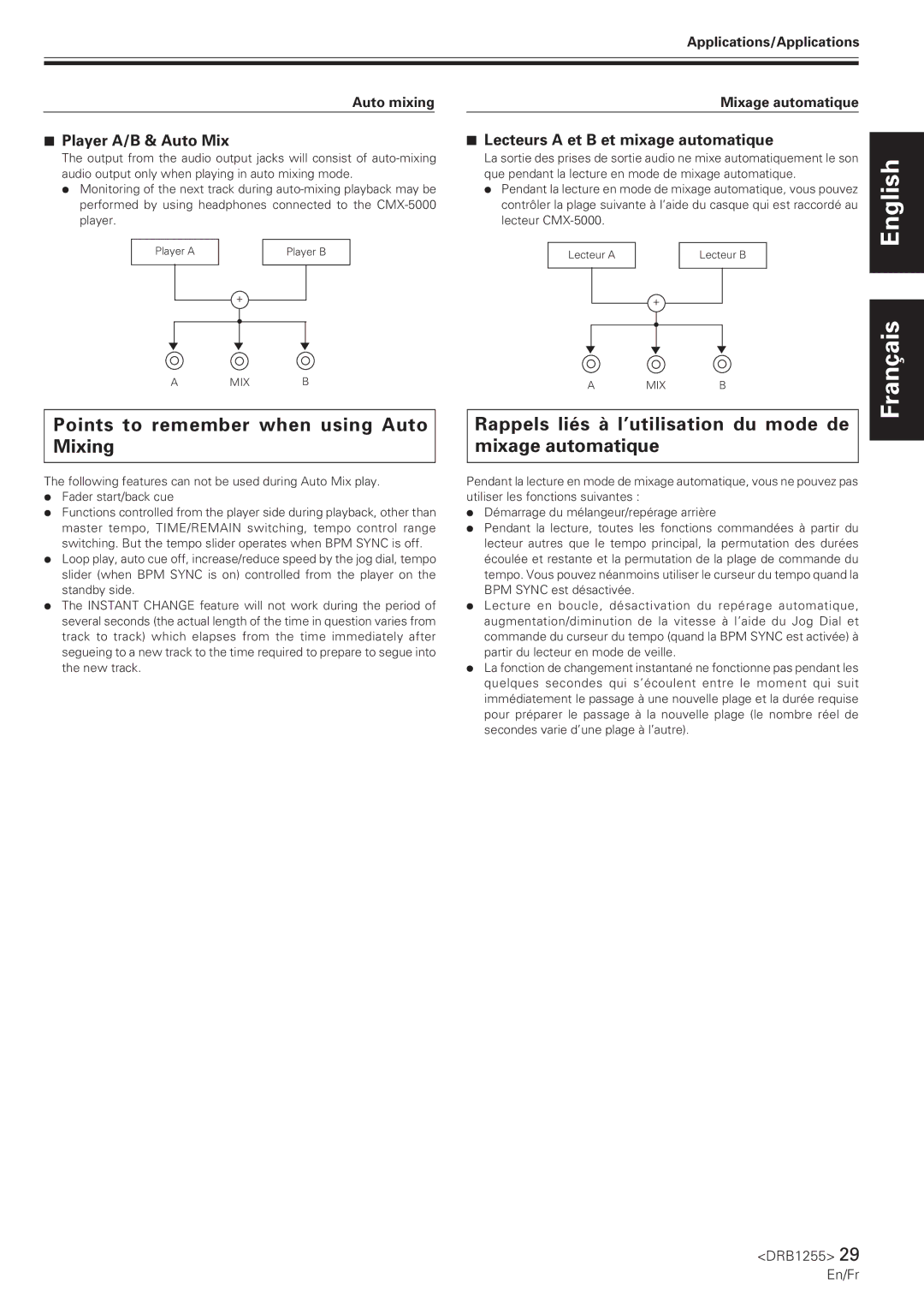Pioneer CMX-5000 Points to remember when using Auto Mixing, Rappels liés à l’utilisation du mode de mixage automatique 