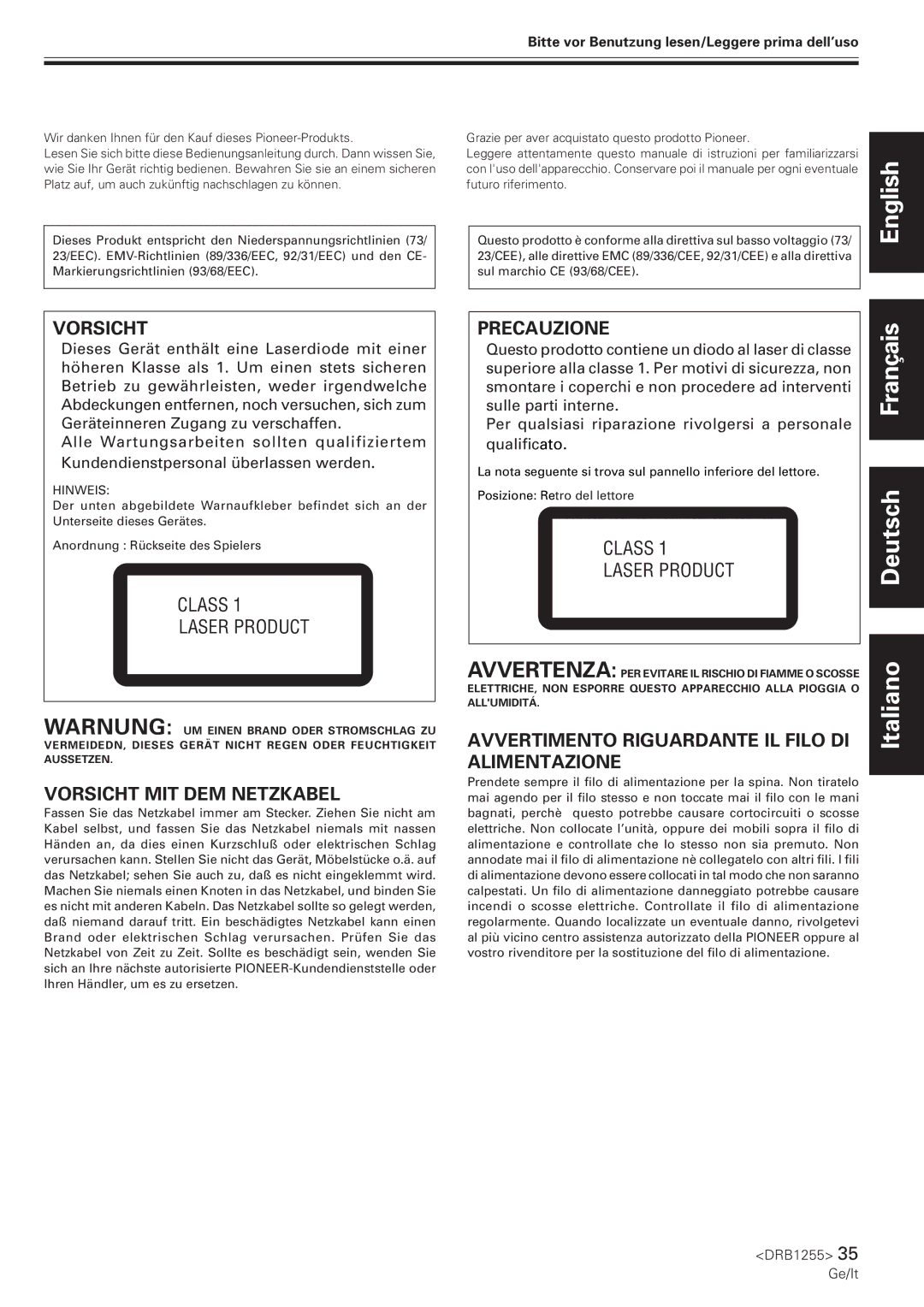 Pioneer CMX-5000 manual Vorsicht, Bitte vor Benutzung lesen/Leggere prima dell’uso 