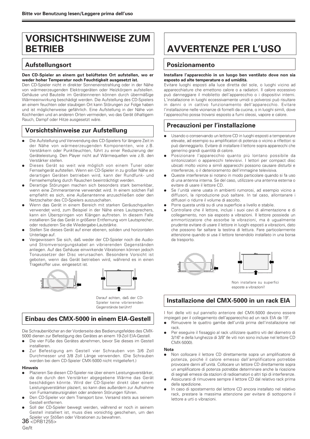 Pioneer CMX-5000 manual Vorsichtshinweise ZUM Betrieb, Avvertenze PER L’USO 