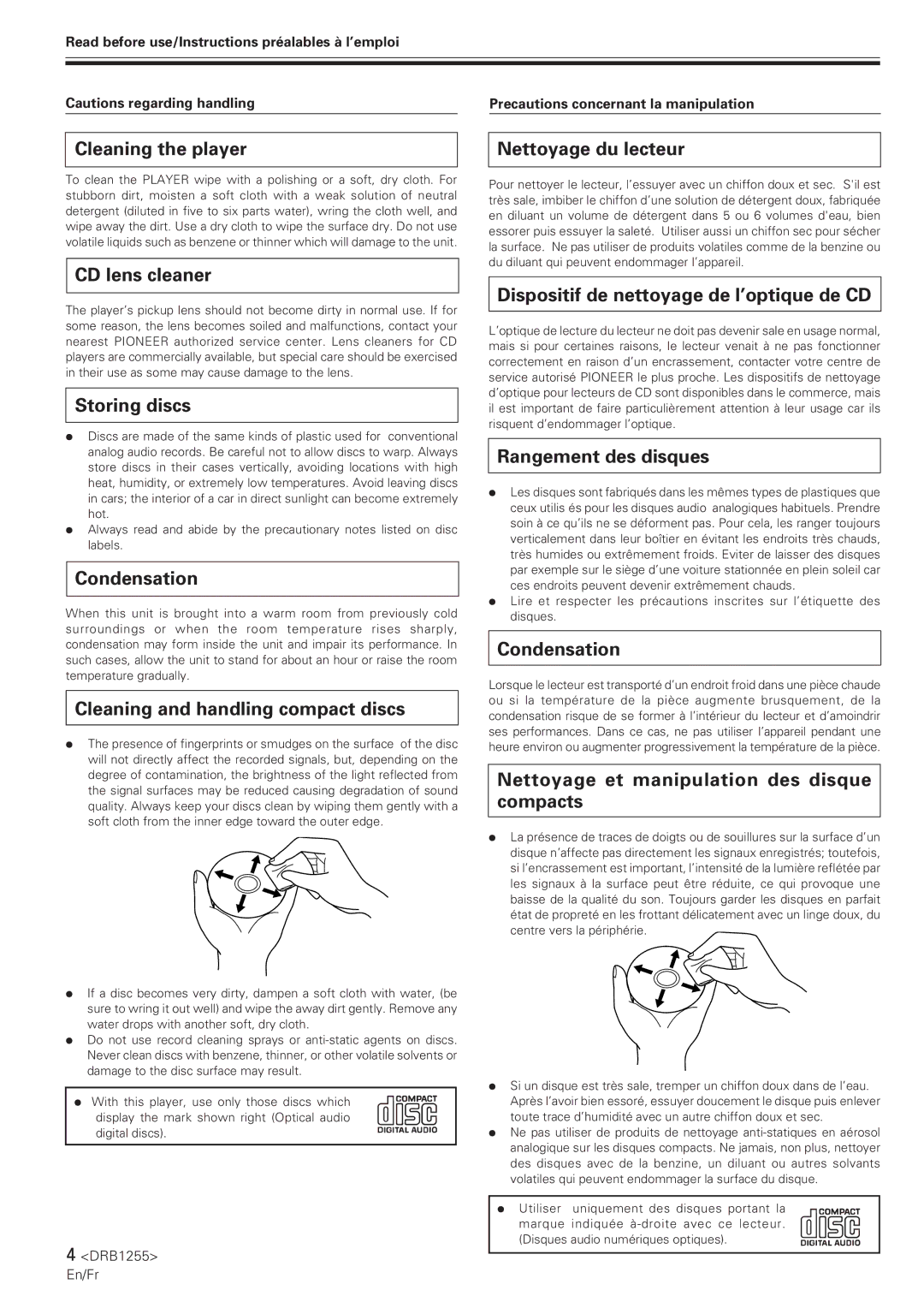 Pioneer CMX-5000 manual Cleaning the player Nettoyage du lecteur, CD lens cleaner, Storing discs, Condensation 