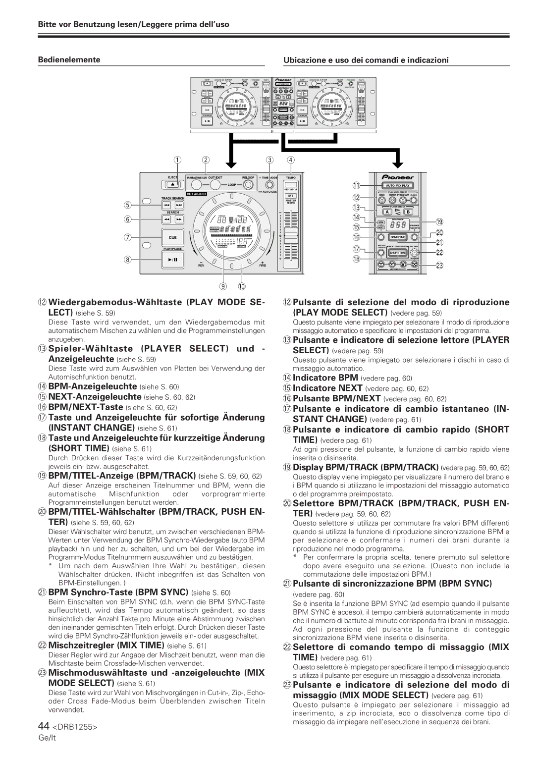 Pioneer CMX-5000 manual = Wiedergabemodus-Wähltaste Play Mode SE, BPM-Anzeigeleuchte siehe S @ NEXT-Anzeigeleuchte siehe S 