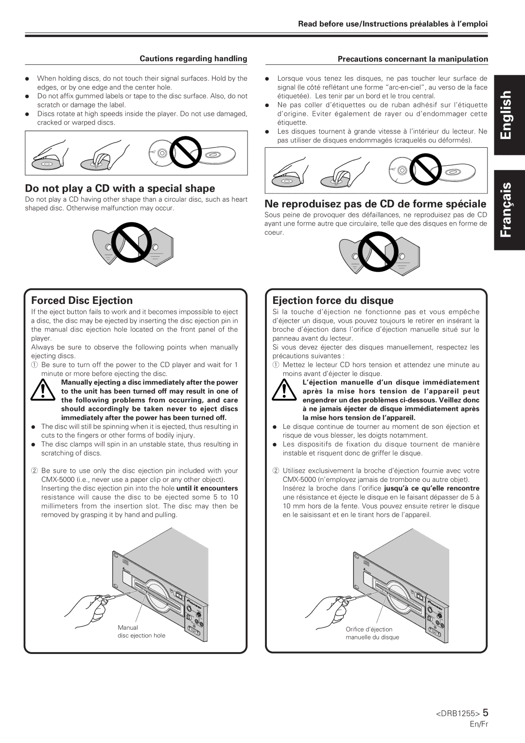 Pioneer CMX-5000 Do not play a CD with a special shape, Forced Disc Ejection, Ne reproduisez pas de CD de forme spéciale 