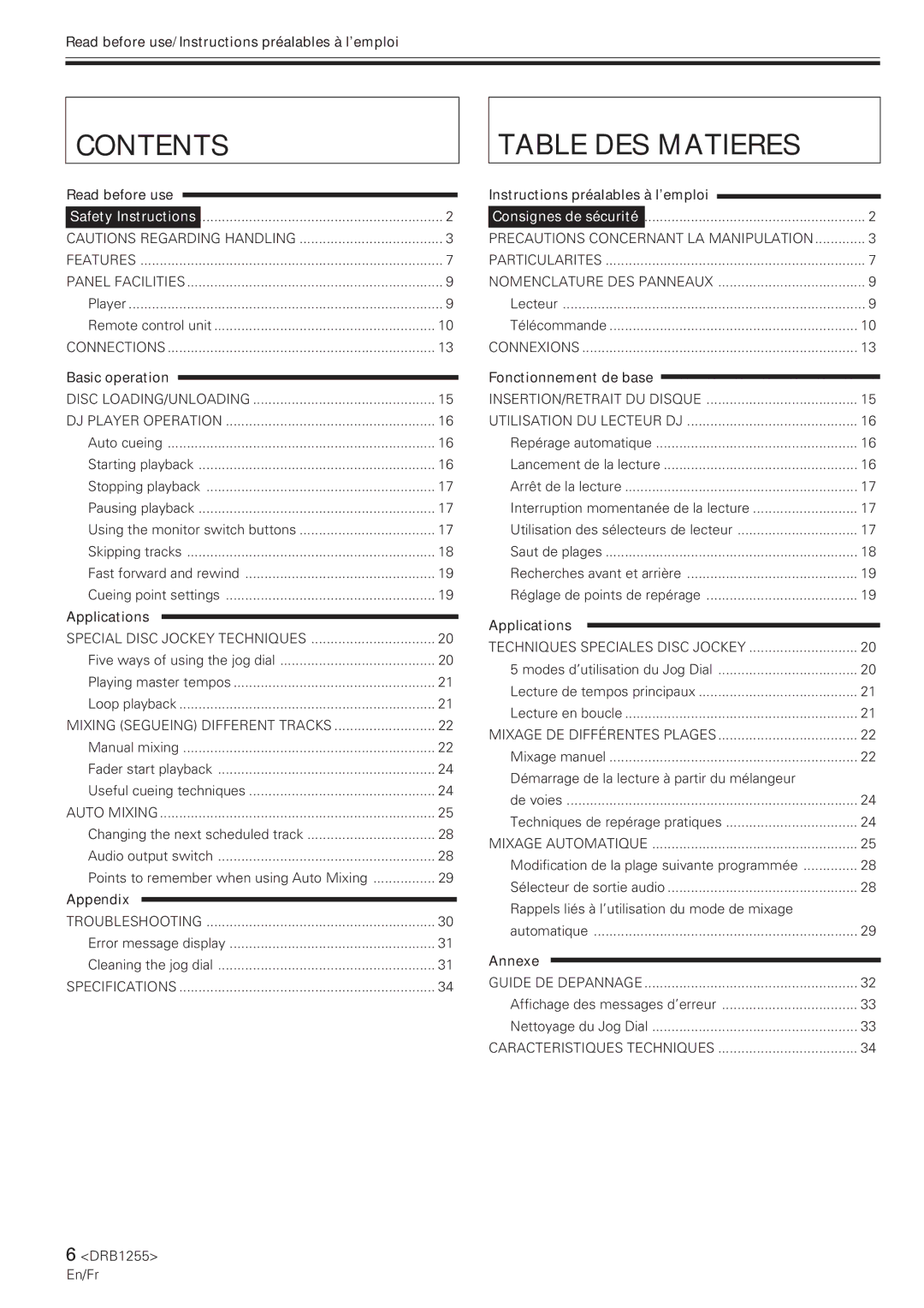 Pioneer CMX-5000 manual Contents, Table DES Matieres 