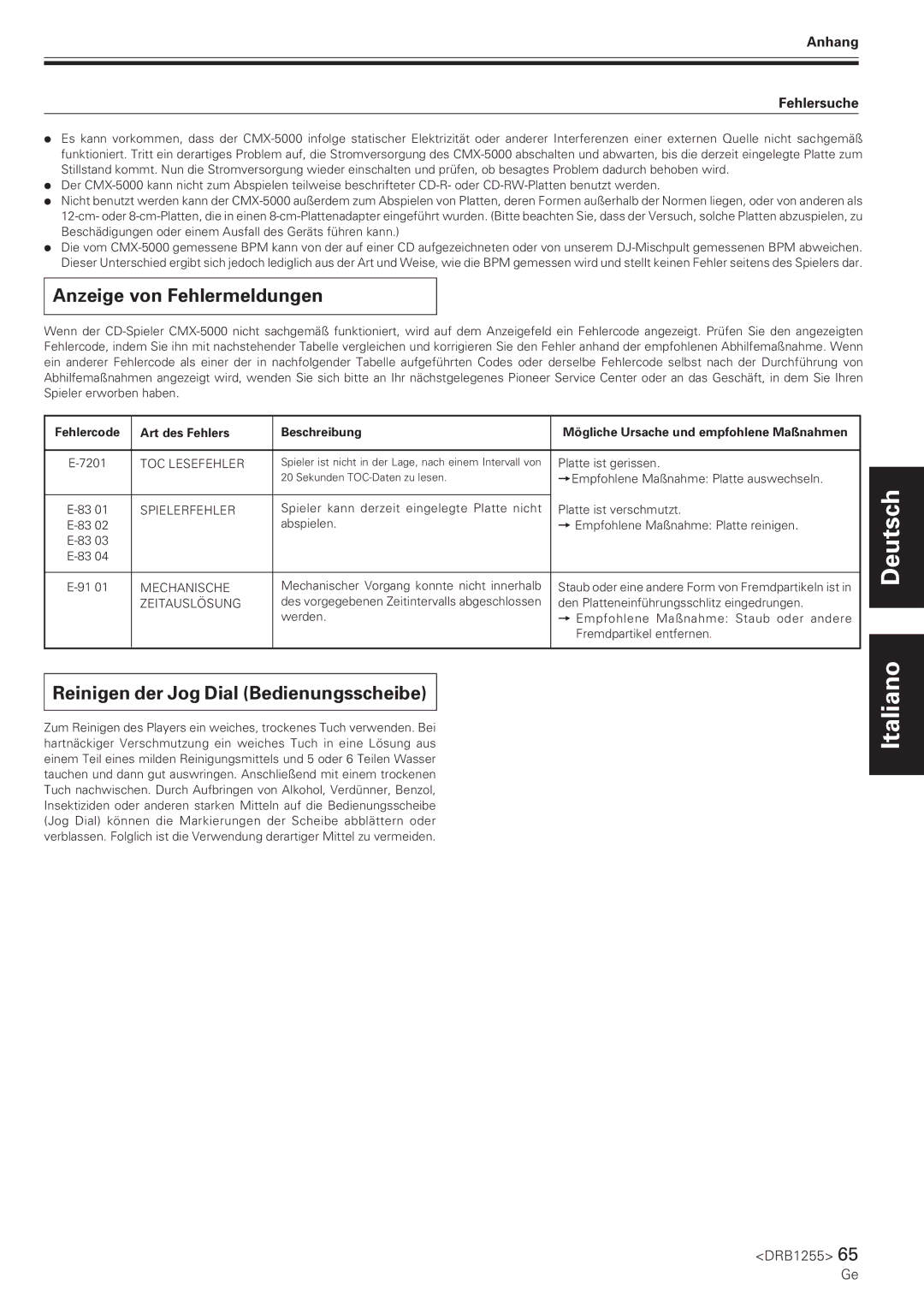 Pioneer CMX-5000 manual Anzeige von Fehlermeldungen, Reinigen der Jog Dial Bedienungsscheibe, Anhang Fehlersuche 