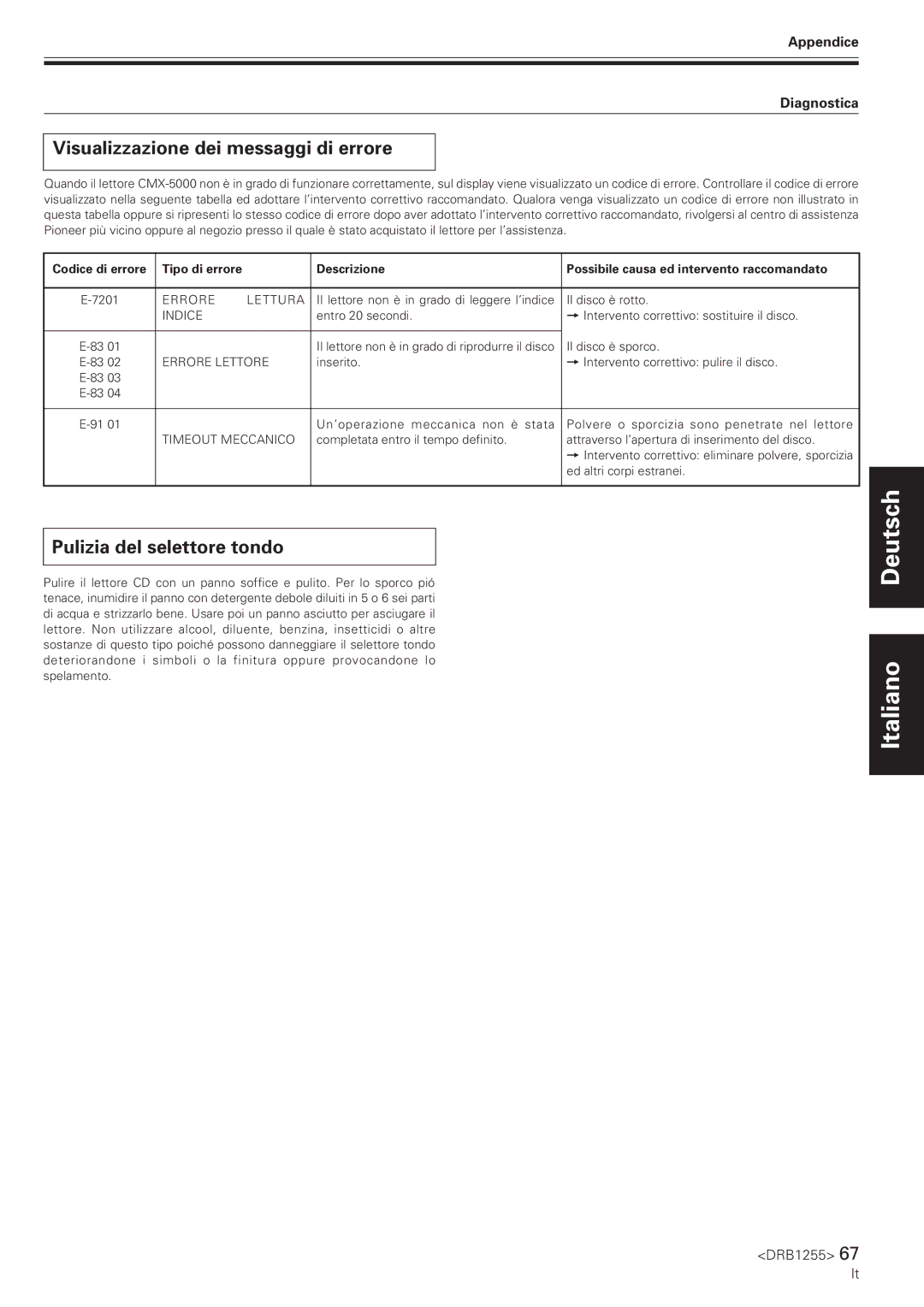 Pioneer CMX-5000 manual Visualizzazione dei messaggi di errore, Pulizia del selettore tondo, Appendice Diagnostica 