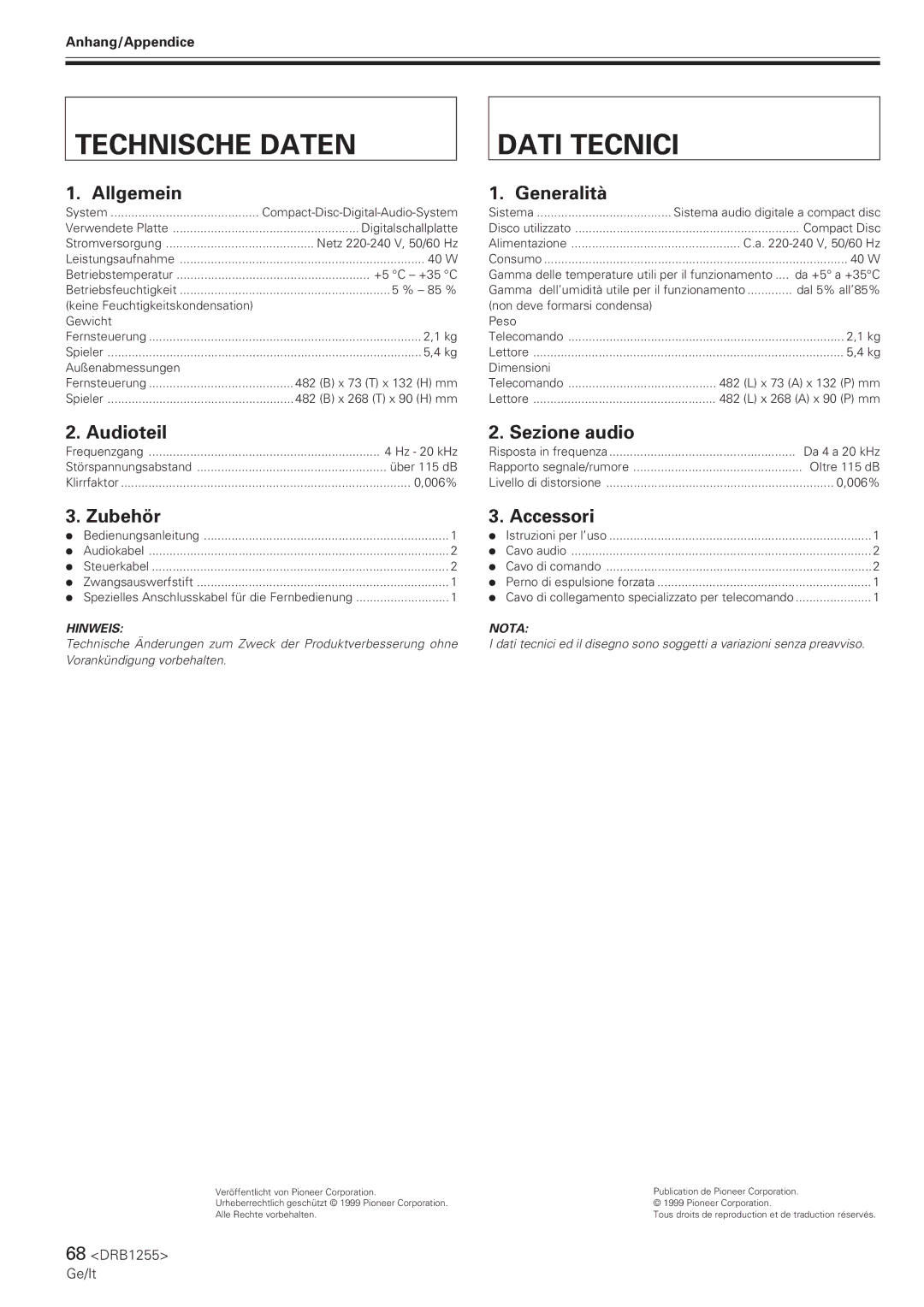 Pioneer CMX-5000 manual Technische Daten Dati Tecnici 