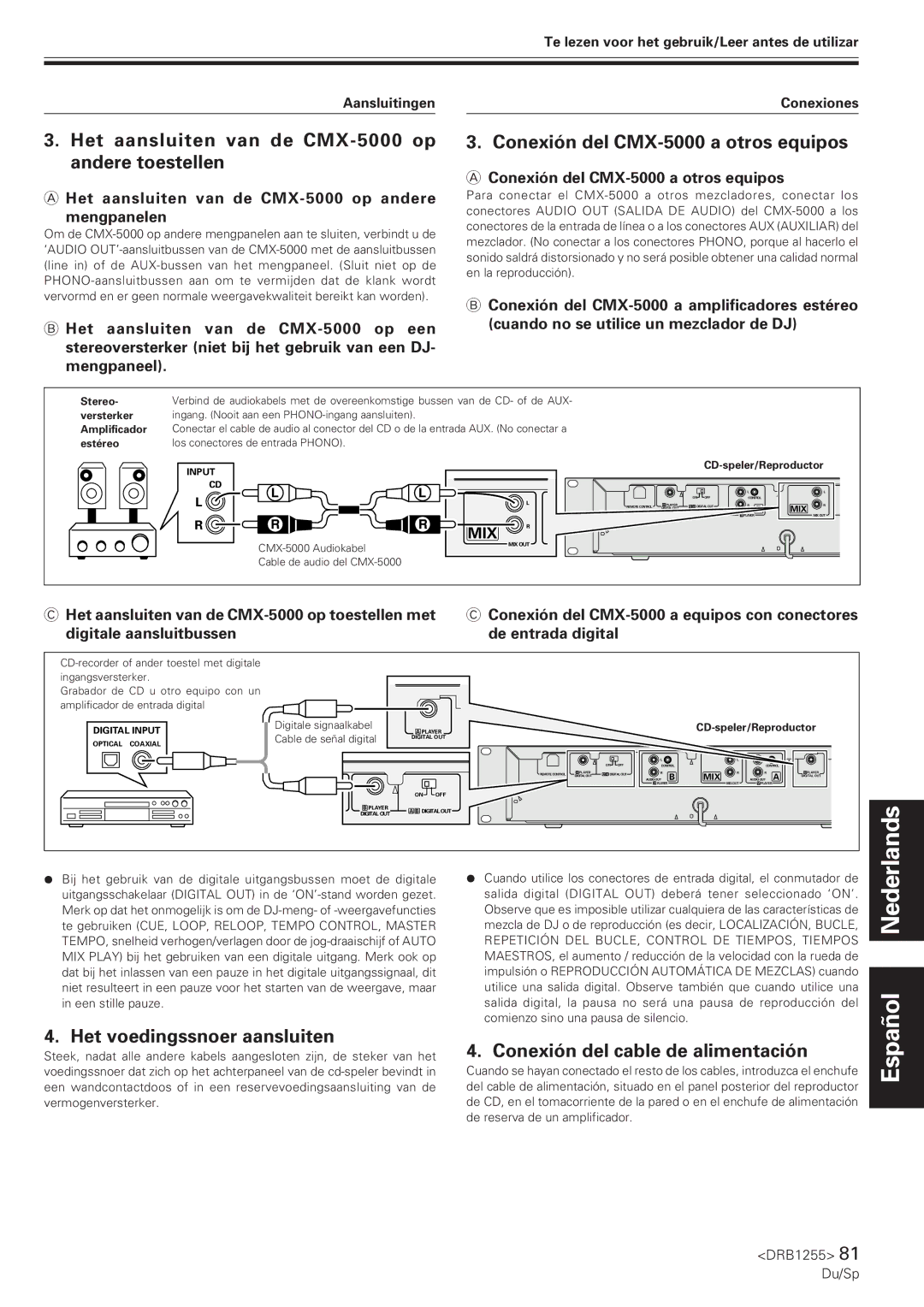 Pioneer manual Het aansluiten van de CMX-5000 op andere toestellen, Conexión del CMX-5000 a otros equipos 