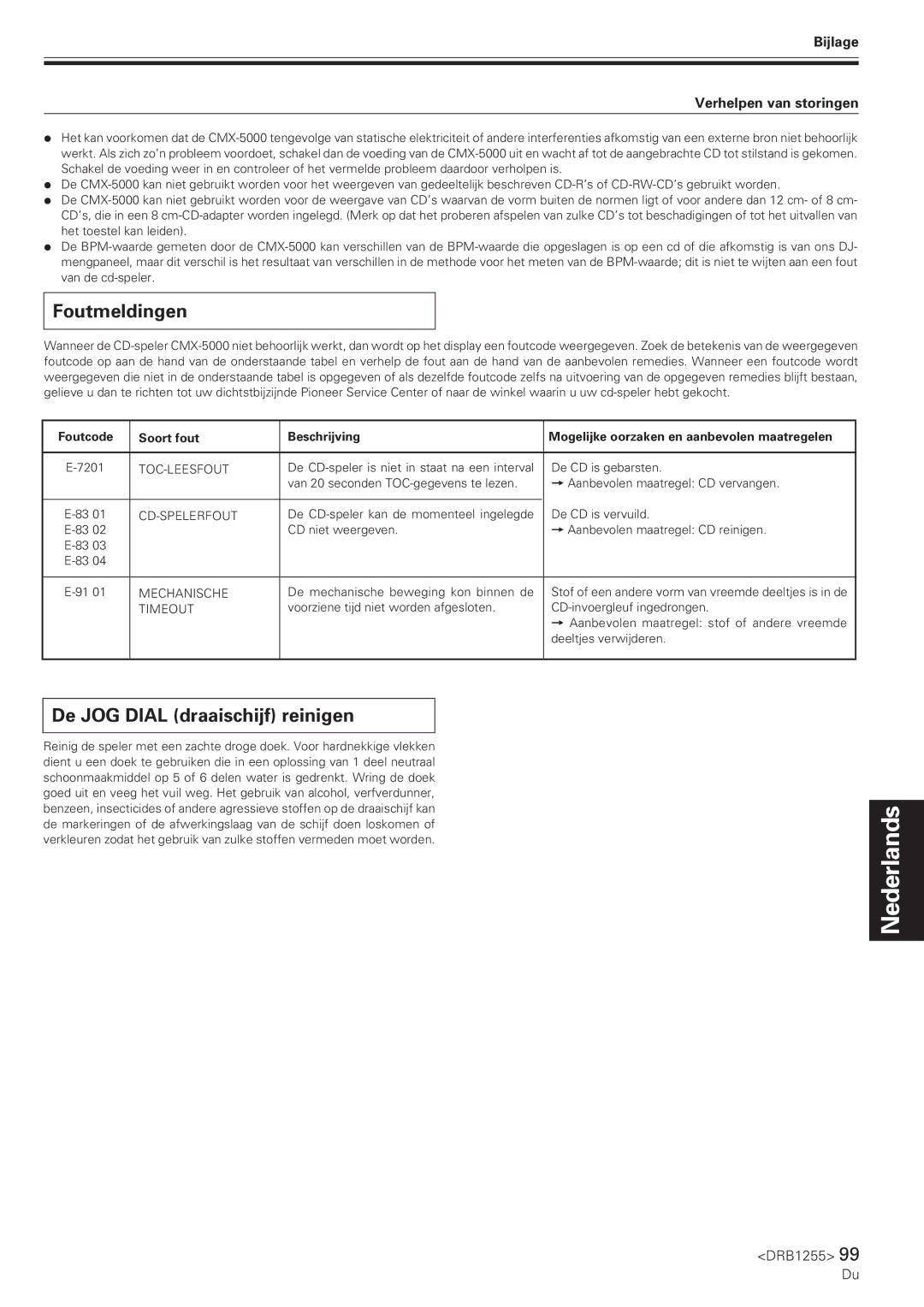 Pioneer CMX-5000 manual Foutmeldingen, De JOG Dial draaischijf reinigen, Bijlage Verhelpen van storingen 