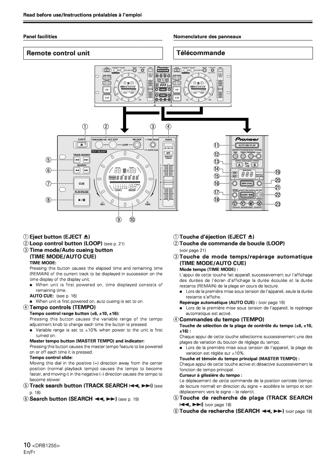 Pioneer CMX-5000 manual Remote control unit, Télécommande 