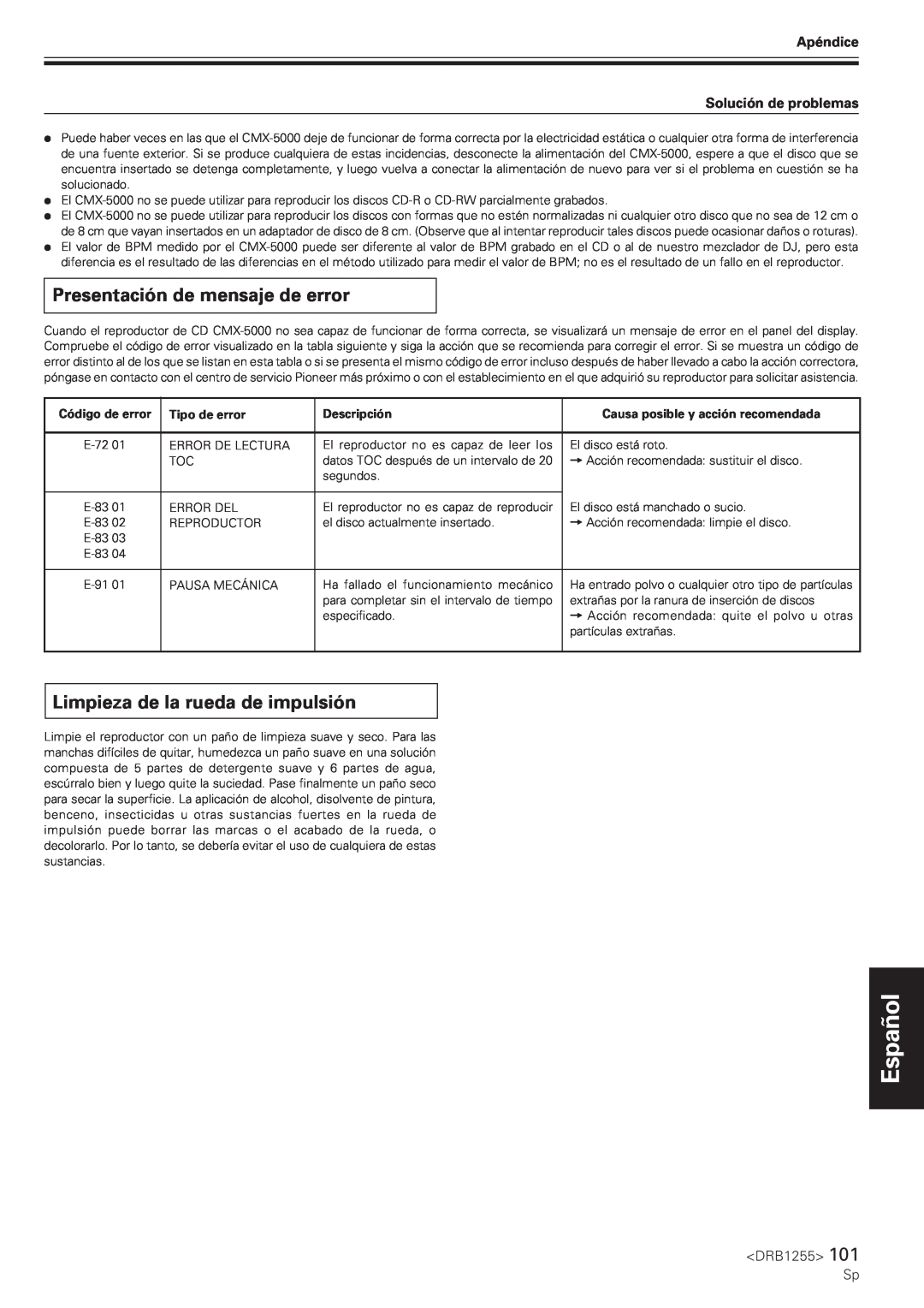 Pioneer CMX-5000 manual Presentación de mensaje de error, Limpieza de la rueda de impulsión, Español Nederlands 