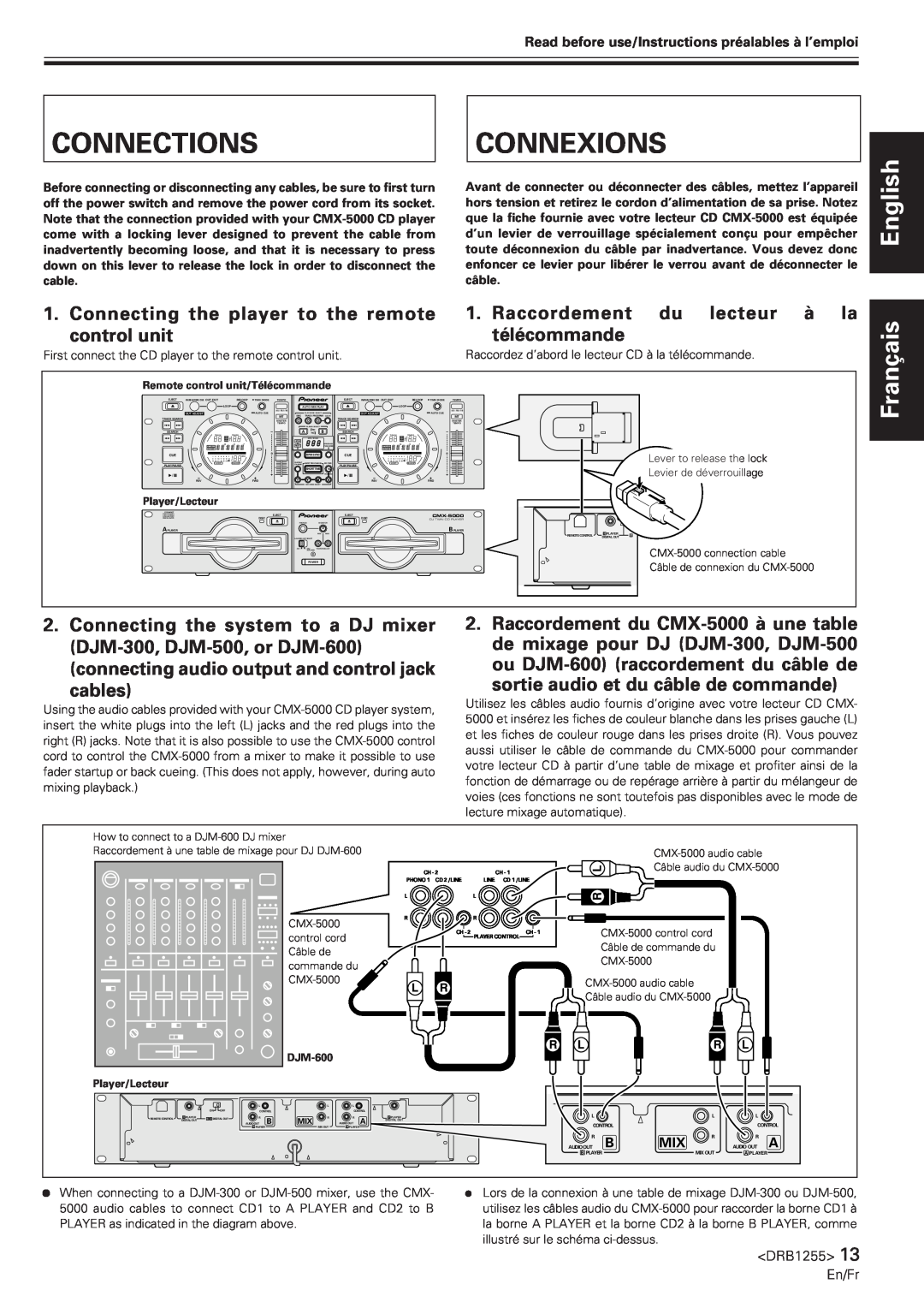 Pioneer CMX-5000 Connections, Connexions, Connecting the player to the remote, Raccordement du lecteur à la, control unit 