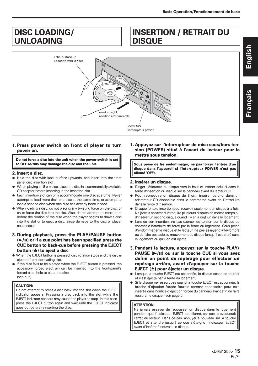 Pioneer CMX-5000 manual Disc Loading, Insertion / Retrait Du, Unloading, Disque, English Français 