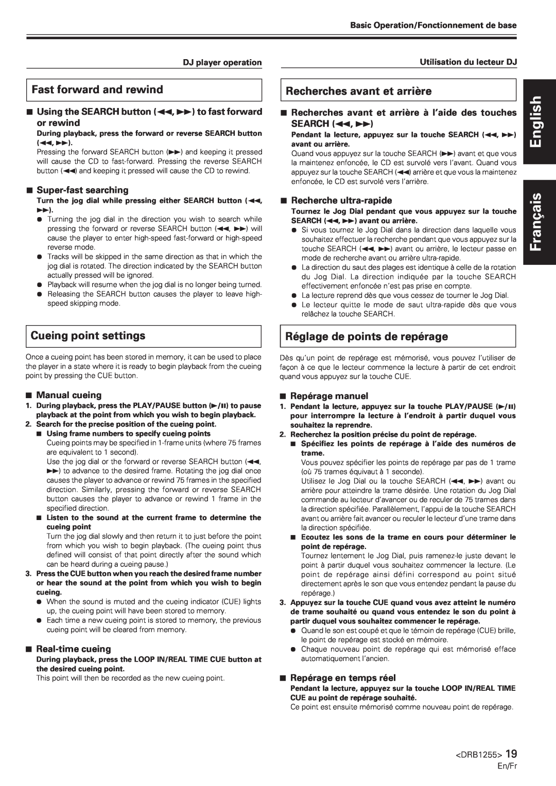 Pioneer CMX-5000 manual Fast forward and rewind, Recherches avant et arrière, Cueing point settings, English, Français 