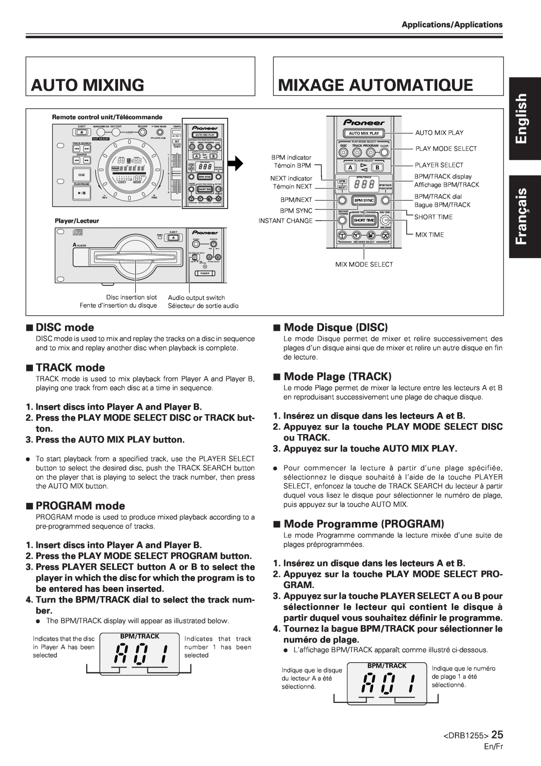 Pioneer CMX-5000 manual Auto Mixing, Mixage Automatique, 7DISC mode, Mode Disque DISC, 7TRACK mode, 7PROGRAM mode 