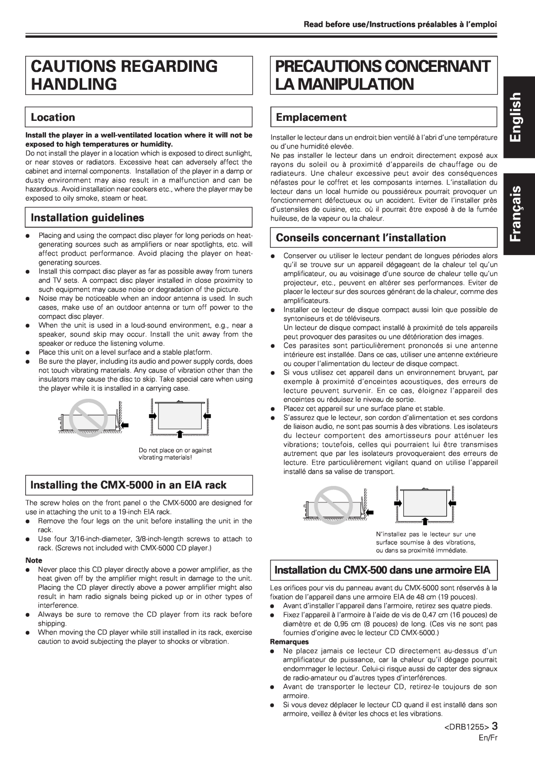 Pioneer CMX-5000 manual Cautions Regarding Handling, La Manipulation, English, Français, Location, Installation guidelines 