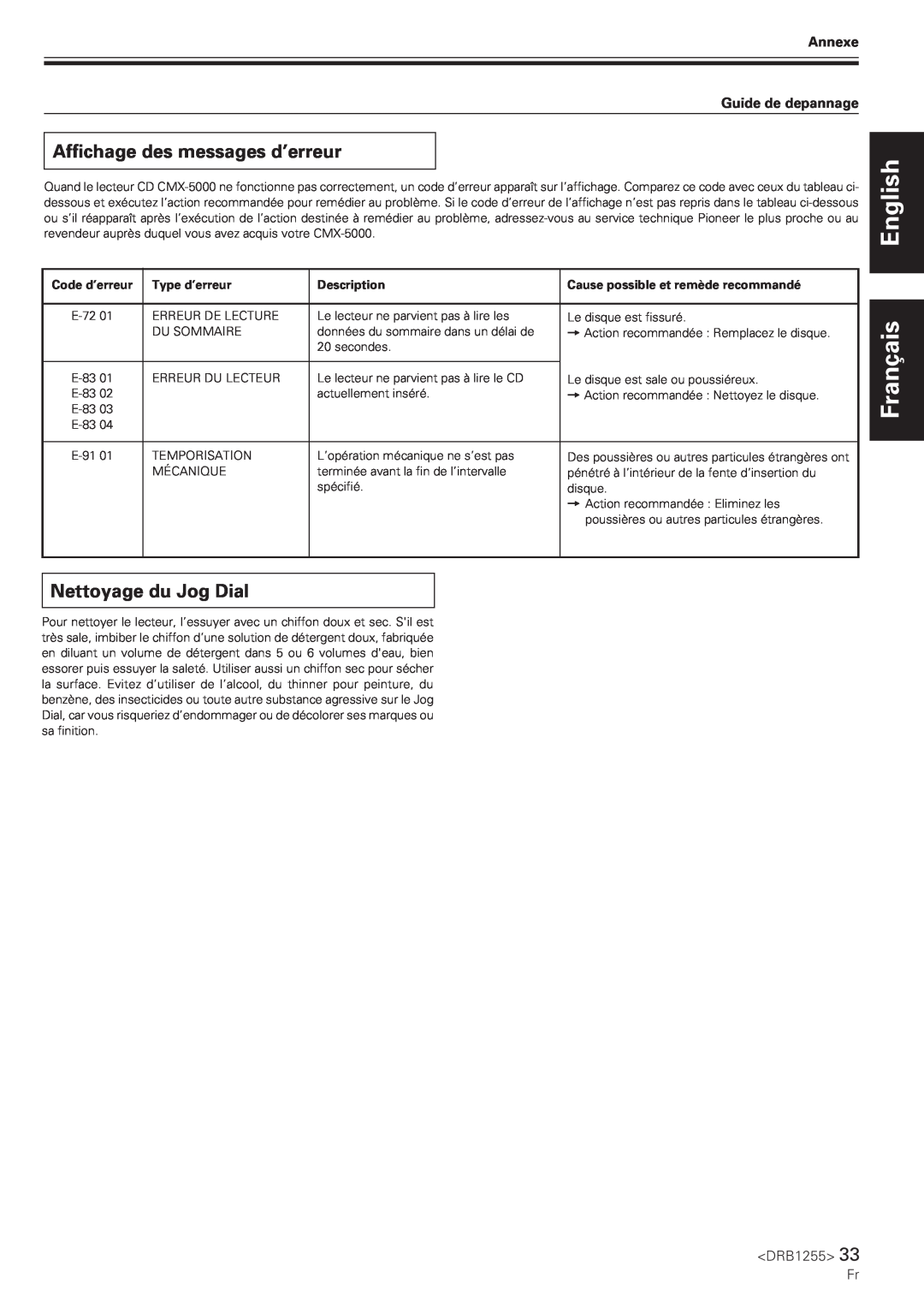 Pioneer CMX-5000 manual Affichage des messages d’erreur, Nettoyage du Jog Dial, English Français, Annexe Guide de depannage 