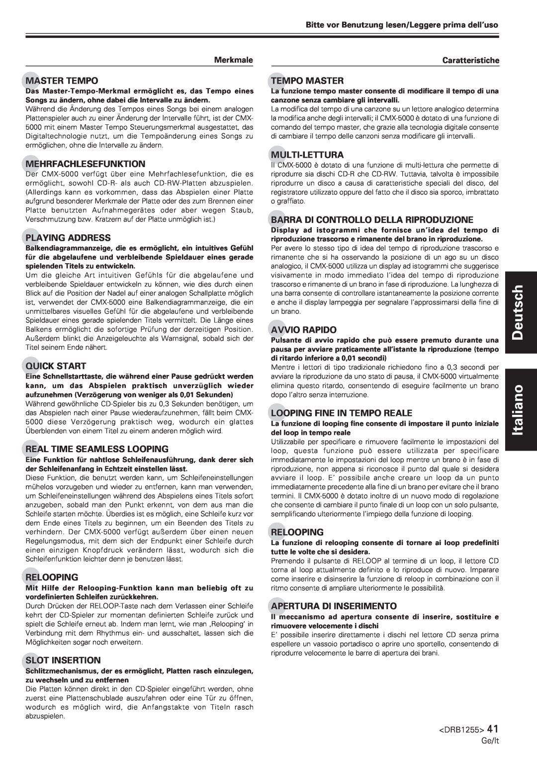 Pioneer CMX-5000 manual Deutsch Italiano, Master Tempo 