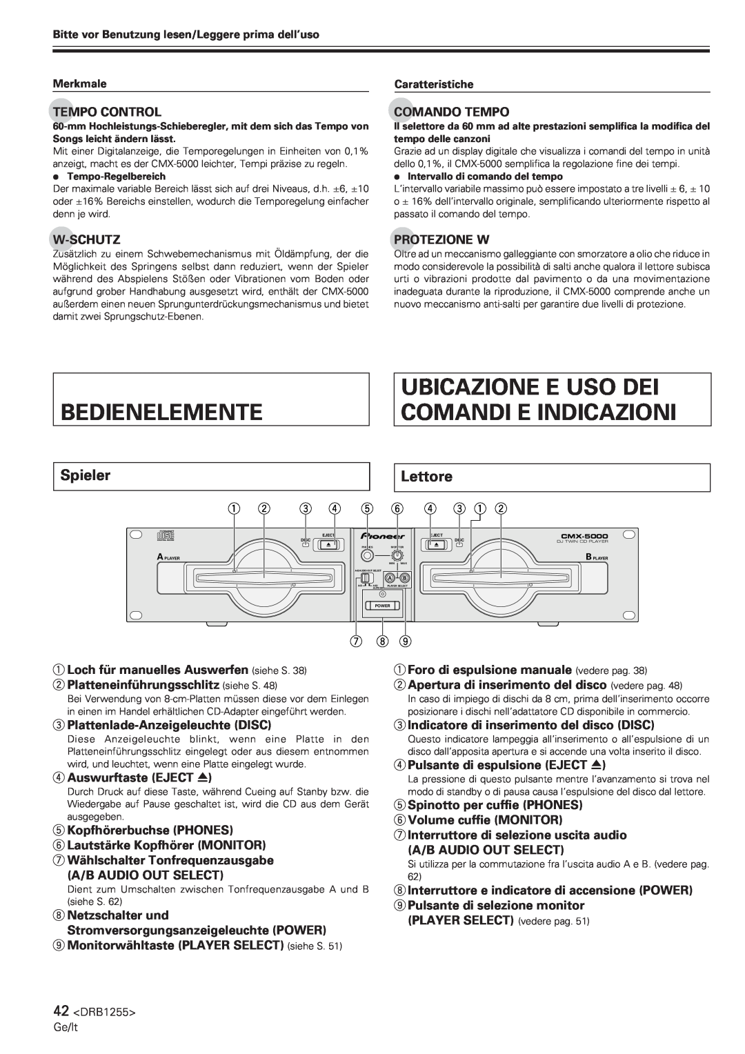 Pioneer CMX-5000 manual Bedienelemente, Ubicazione E Uso Dei Comandi E Indicazioni, Spieler, Lettore, 1 2 3 4 5 6 4 3 1 