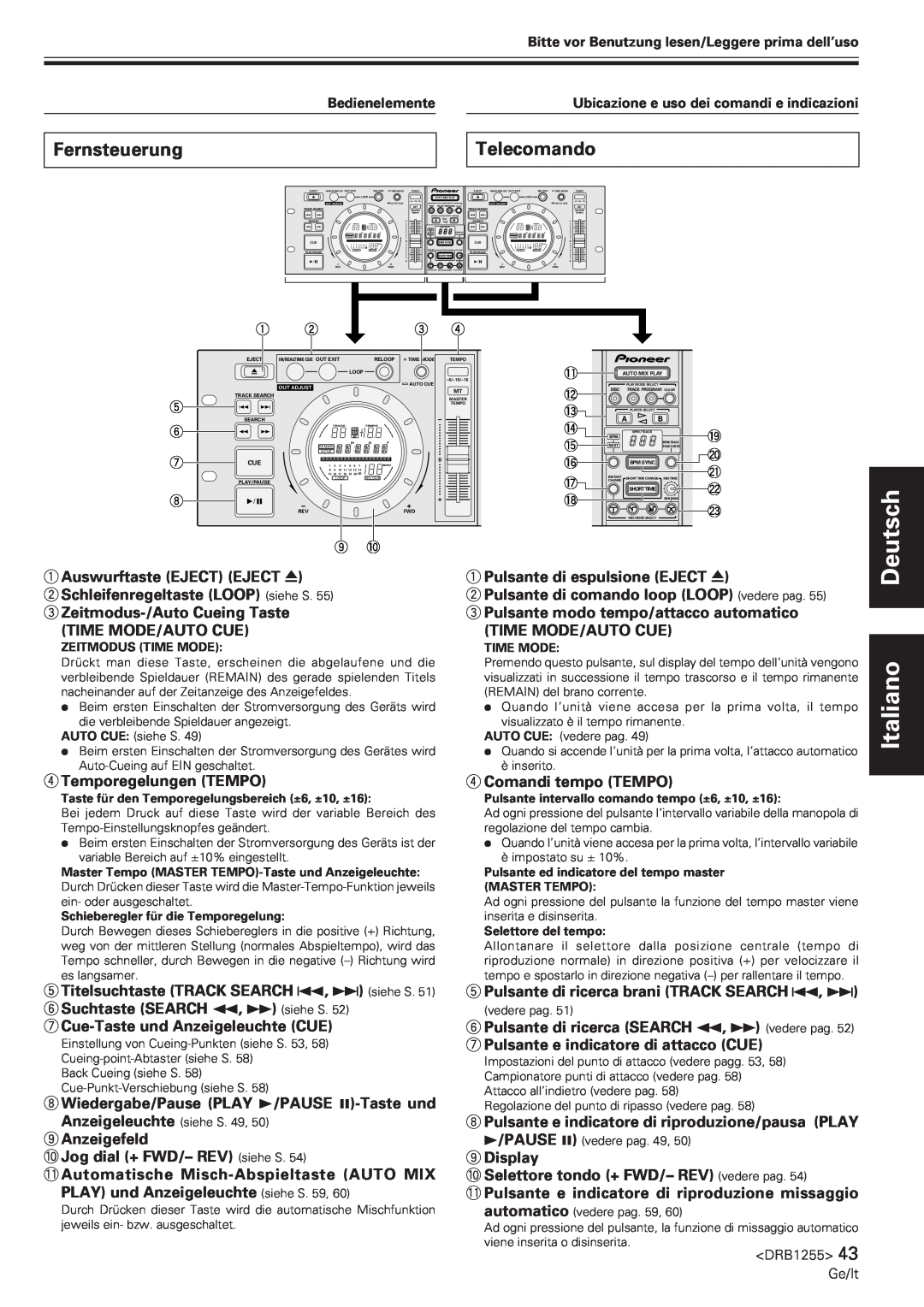 Pioneer CMX-5000 manual Italiano, Fernsteuerung, Telecomando 