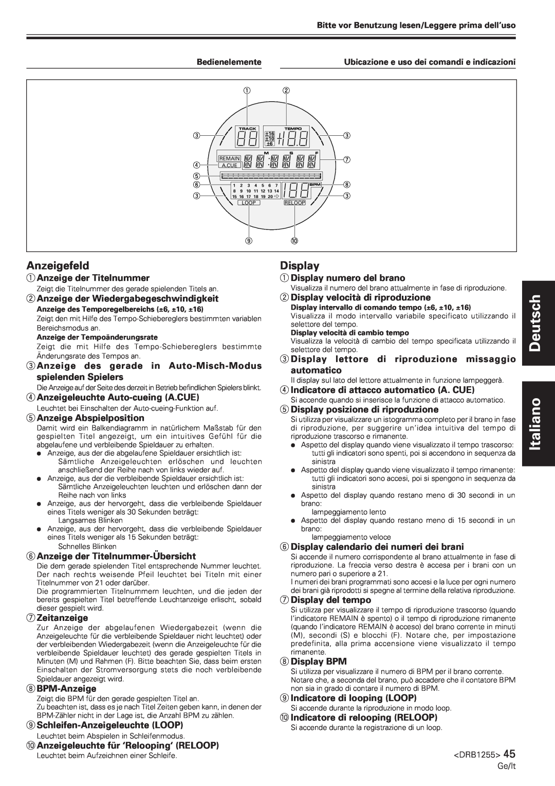 Pioneer CMX-5000 manual Anzeigefeld, Deutsch Italiano, Display 