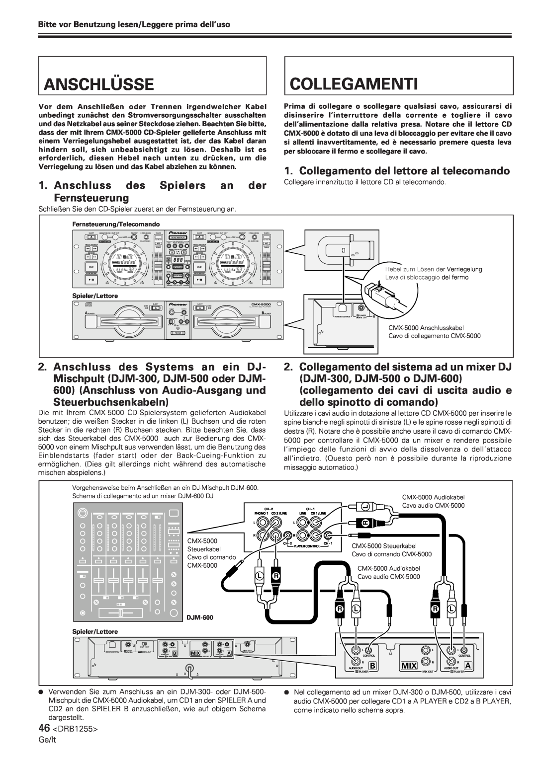Pioneer CMX-5000 manual Anschlüsse, Collegamenti, Collegamento del lettore al telecomando, Anschluss des Spielers an der 