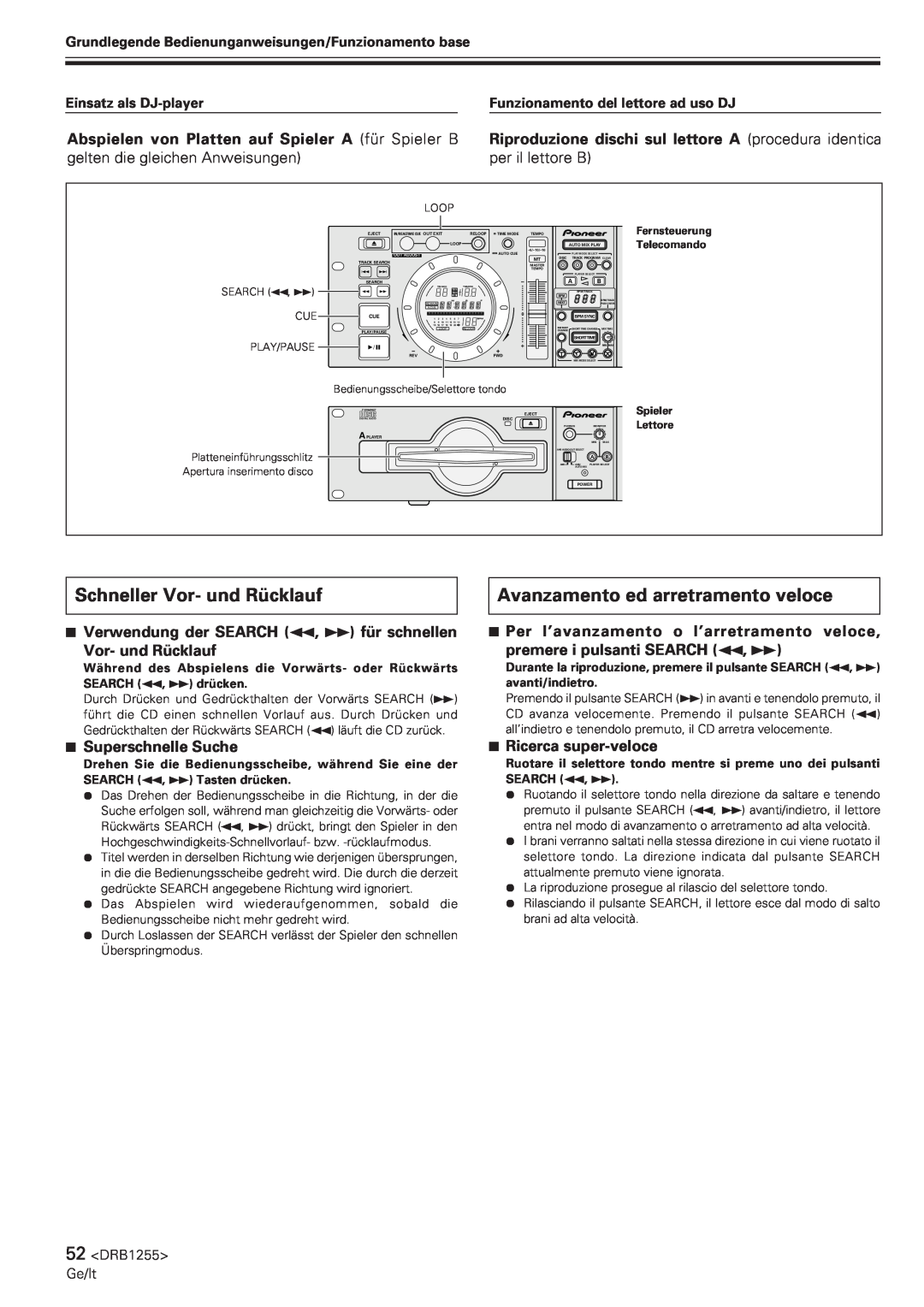 Pioneer CMX-5000 manual Schneller Vor- und Rücklauf, Avanzamento ed arretramento veloce, premere i pulsanti SEARCH 1, Á 