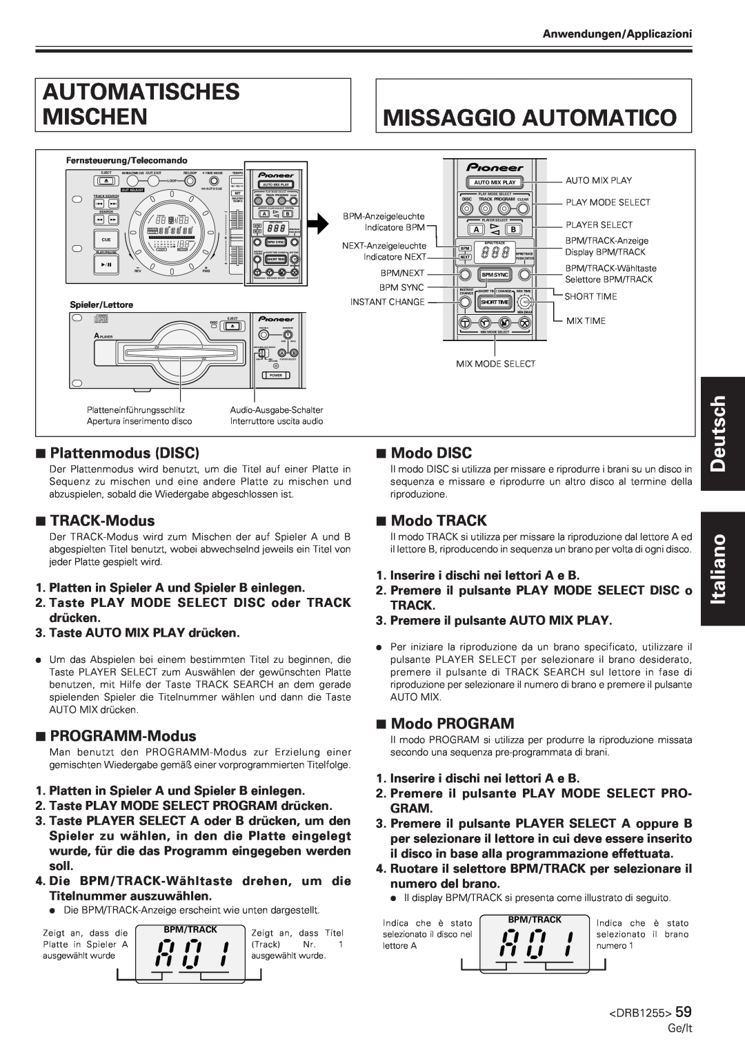 Pioneer CMX-5000 Automatisches, Mischen, Missaggio Automatico, Plattenmodus DISC, Modo DISC, 7TRACK-Modus, 7PROGRAMM-Modus 
