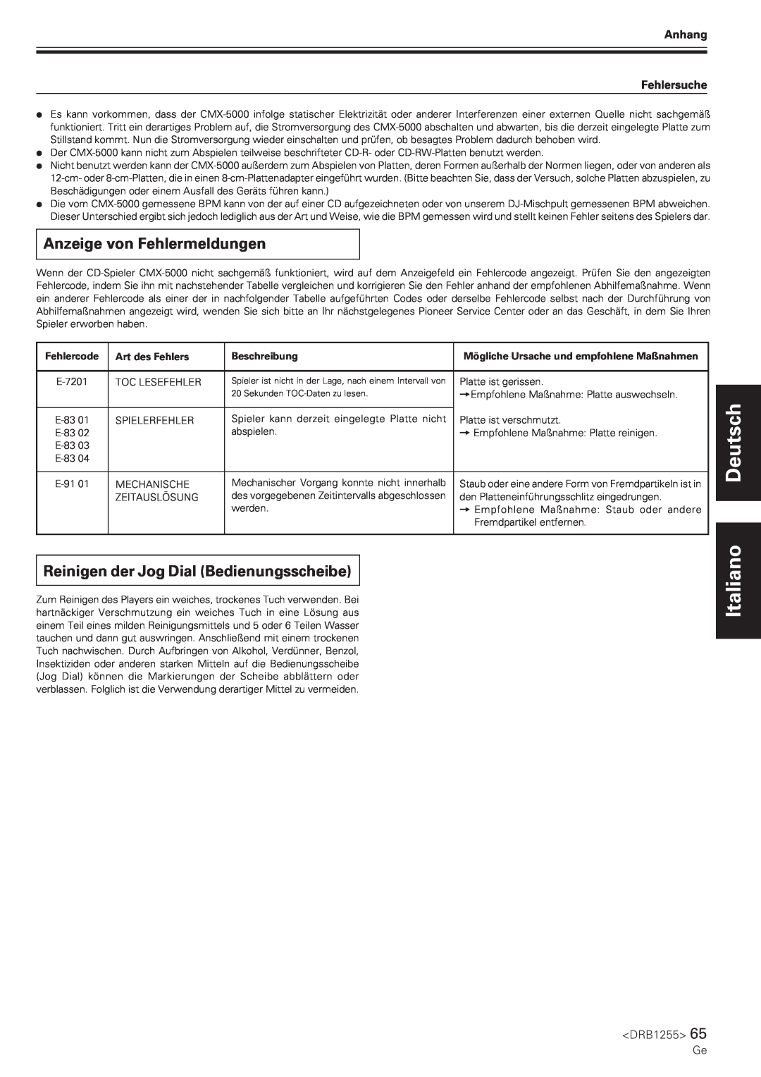 Pioneer CMX-5000 manual Anzeige von Fehlermeldungen, Reinigen der Jog Dial Bedienungsscheibe, Deutsch Italiano, <DRB1255> 