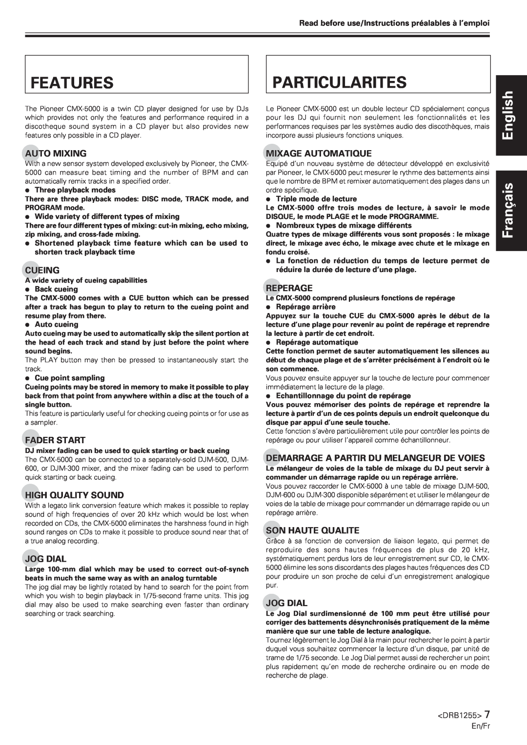 Pioneer CMX-5000 manual Features, Particularites, English, Français 