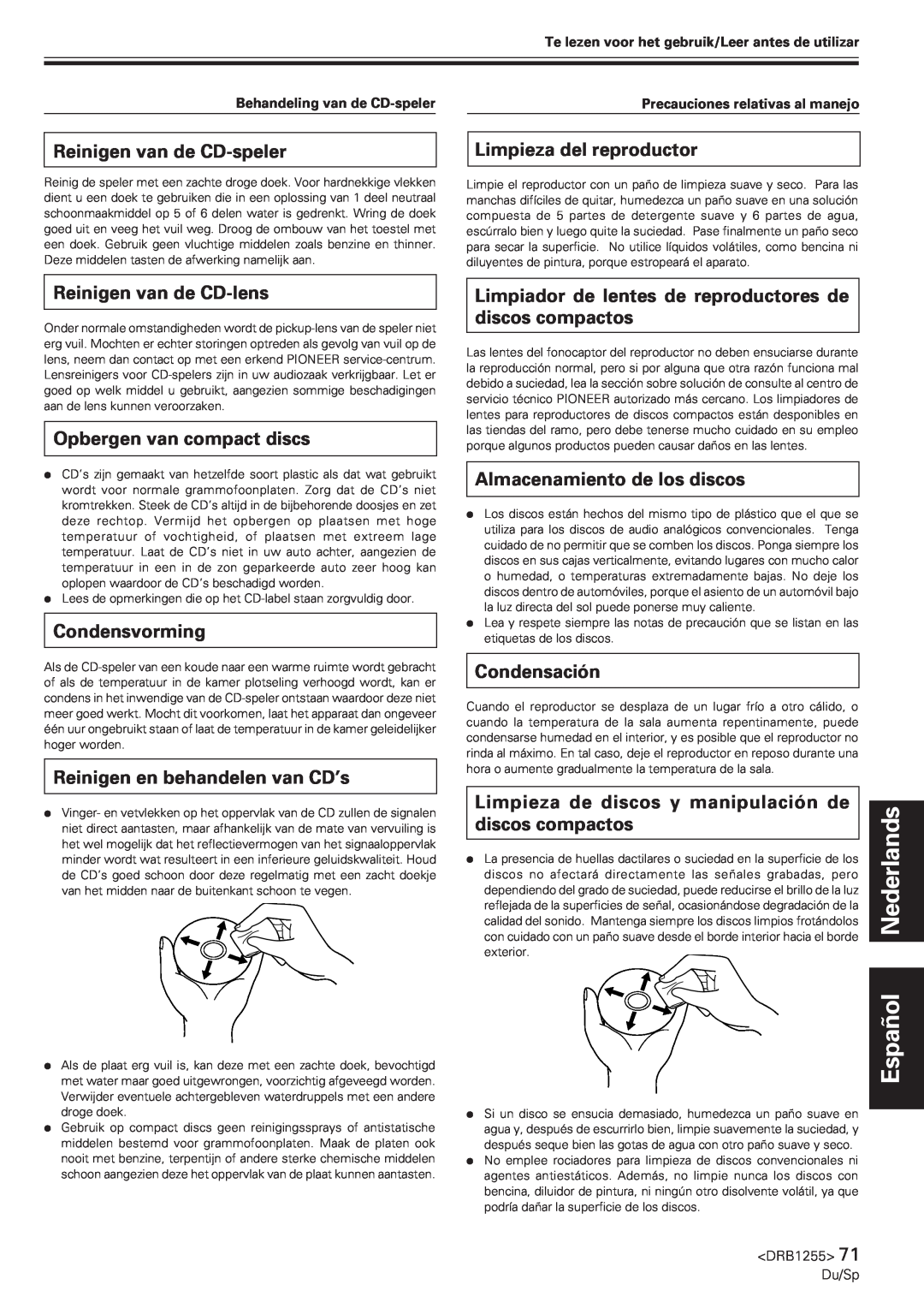 Pioneer CMX-5000 manual Español Nederlands, Reinigen van de CD-speler, Limpieza del reproductor, Reinigen van de CD-lens 