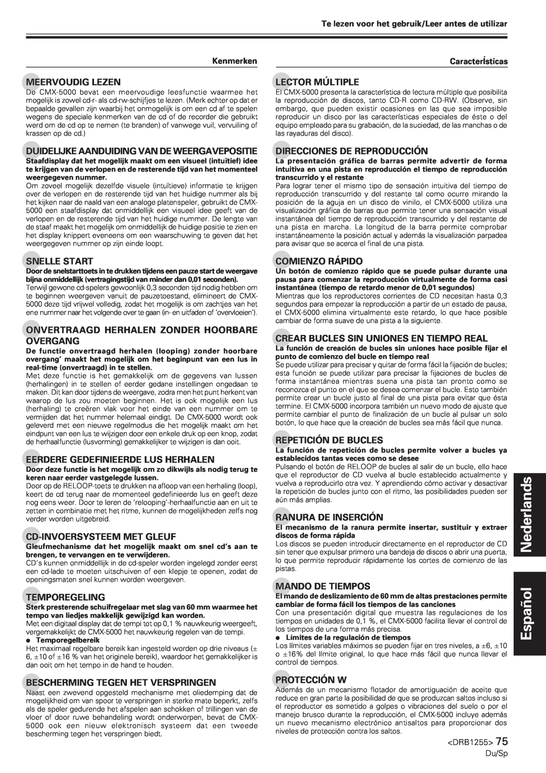 Pioneer CMX-5000 manual Español Nederlands, Meervoudig Lezen 