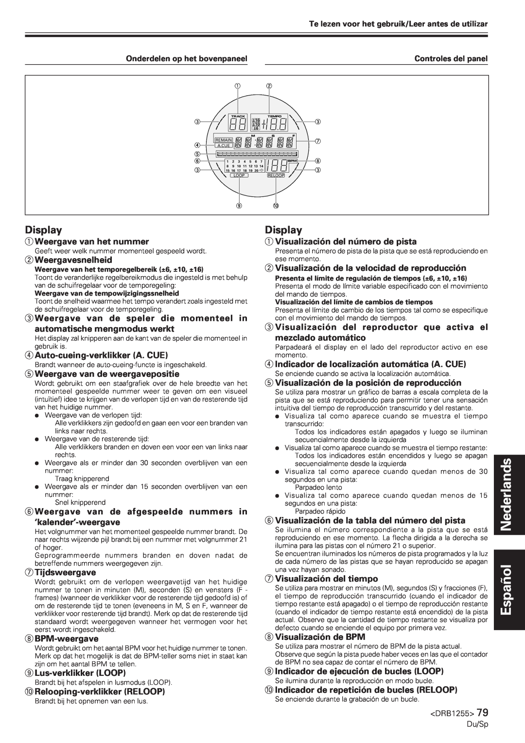 Pioneer CMX-5000 manual Español Nederlands, Display, 1Weergave van het nummer 