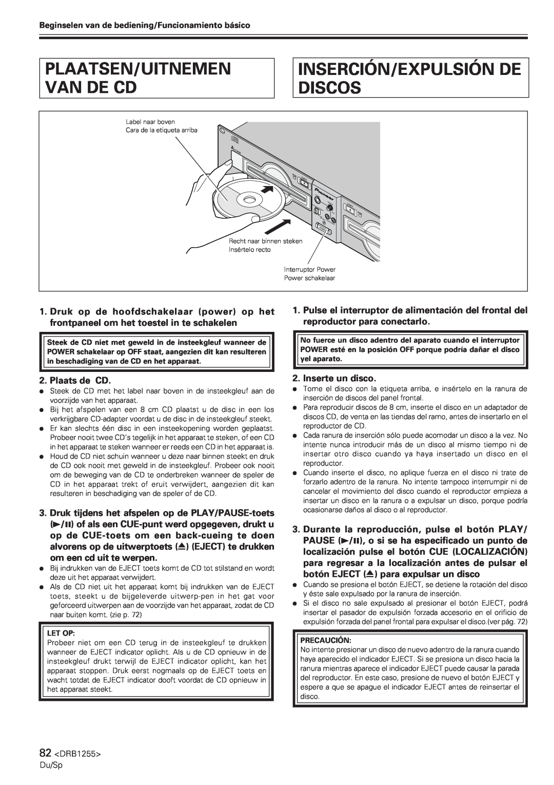 Pioneer CMX-5000 manual Plaatsen/Uitnemen Van De Cd, Inserción/Expulsión De Discos 