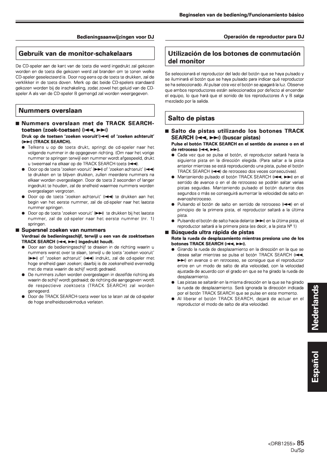 Pioneer CMX-5000 manual Gebruik van de monitor-schakelaars, Nummers overslaan, Salto de pistas, Español Nederlands 