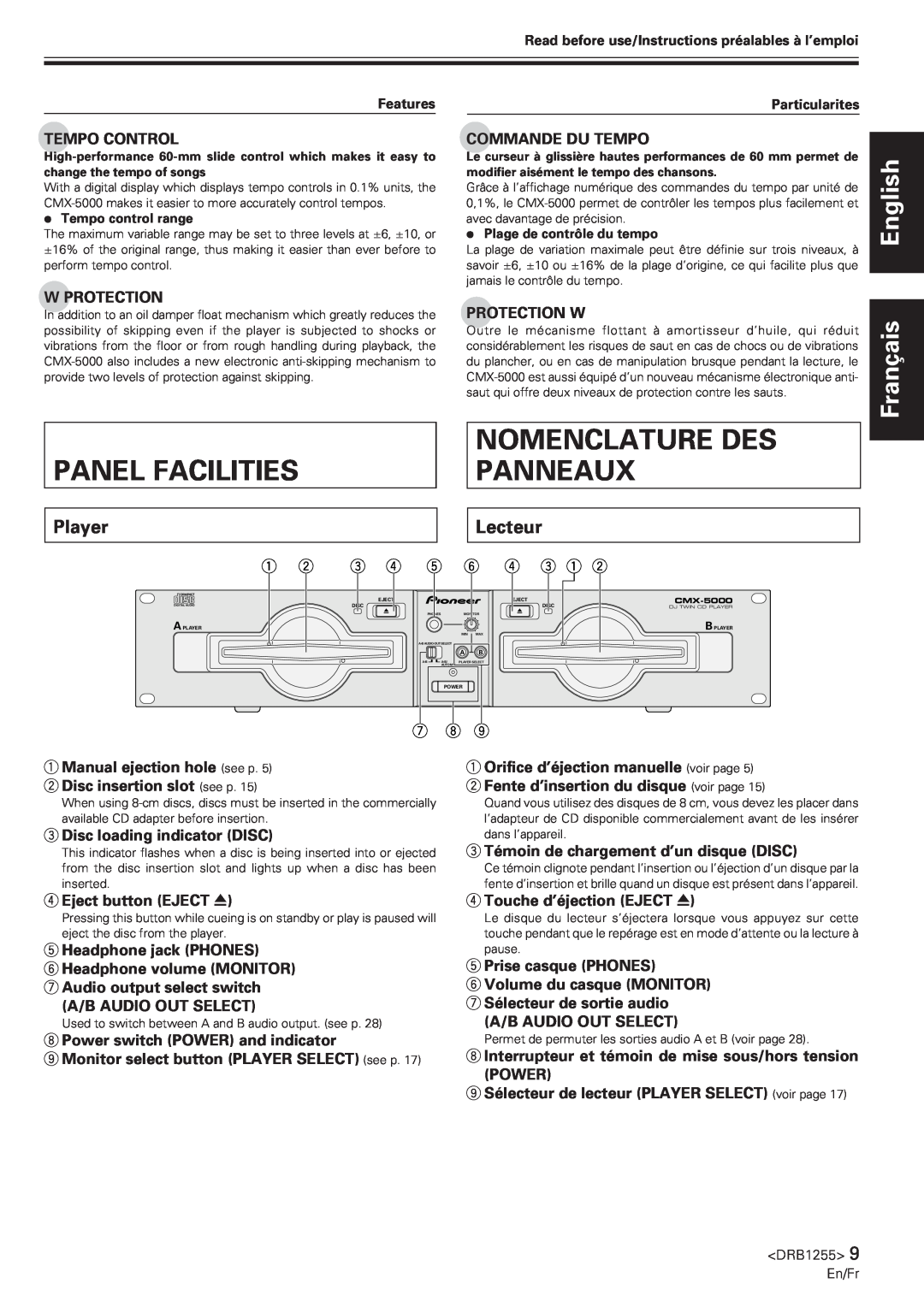 Pioneer CMX-5000 manual Nomenclature Des, Panneaux, Panel Facilities, Player, Lecteur, English, Français 