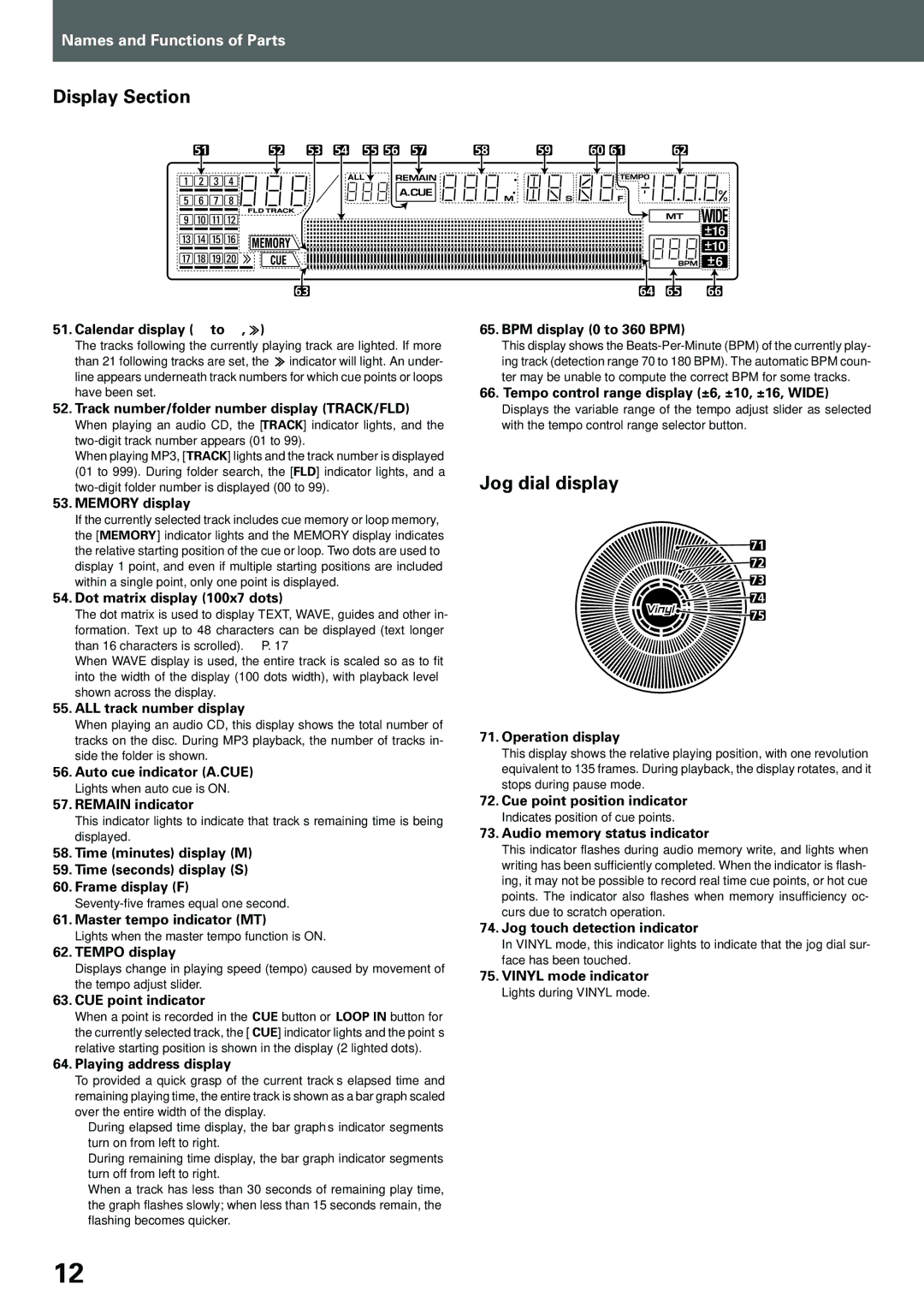 Pioneer compact disc player, CDJ-1000MK3 manual Display Section, Jog dial display 