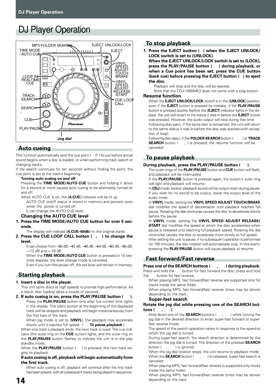 Pioneer compact disc player, CDJ-1000MK3 manual DJ Player Operation 