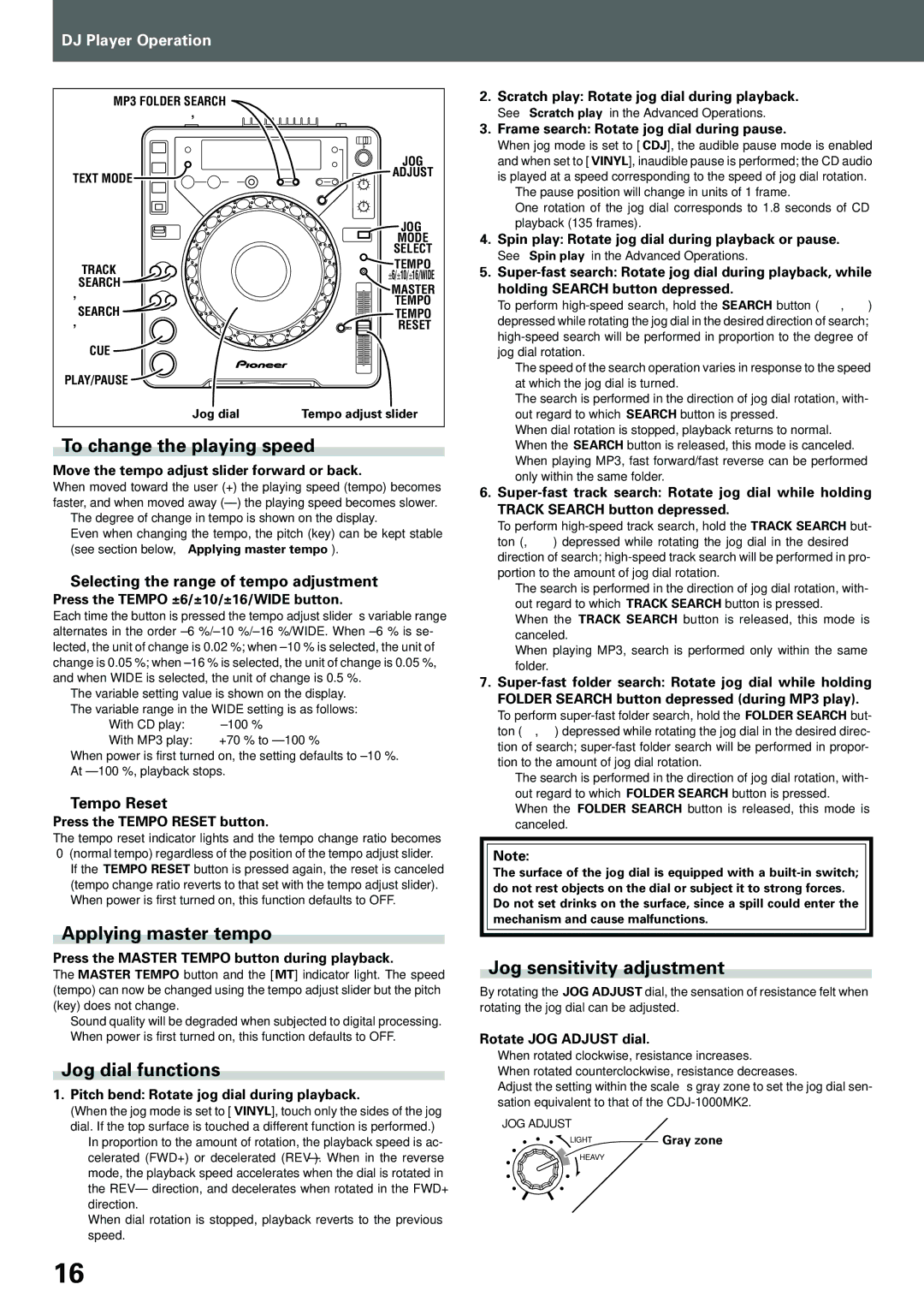 Pioneer compact disc player, CDJ-1000MK3 manual To change the playing speed, Applying master tempo, Jog dial functions 