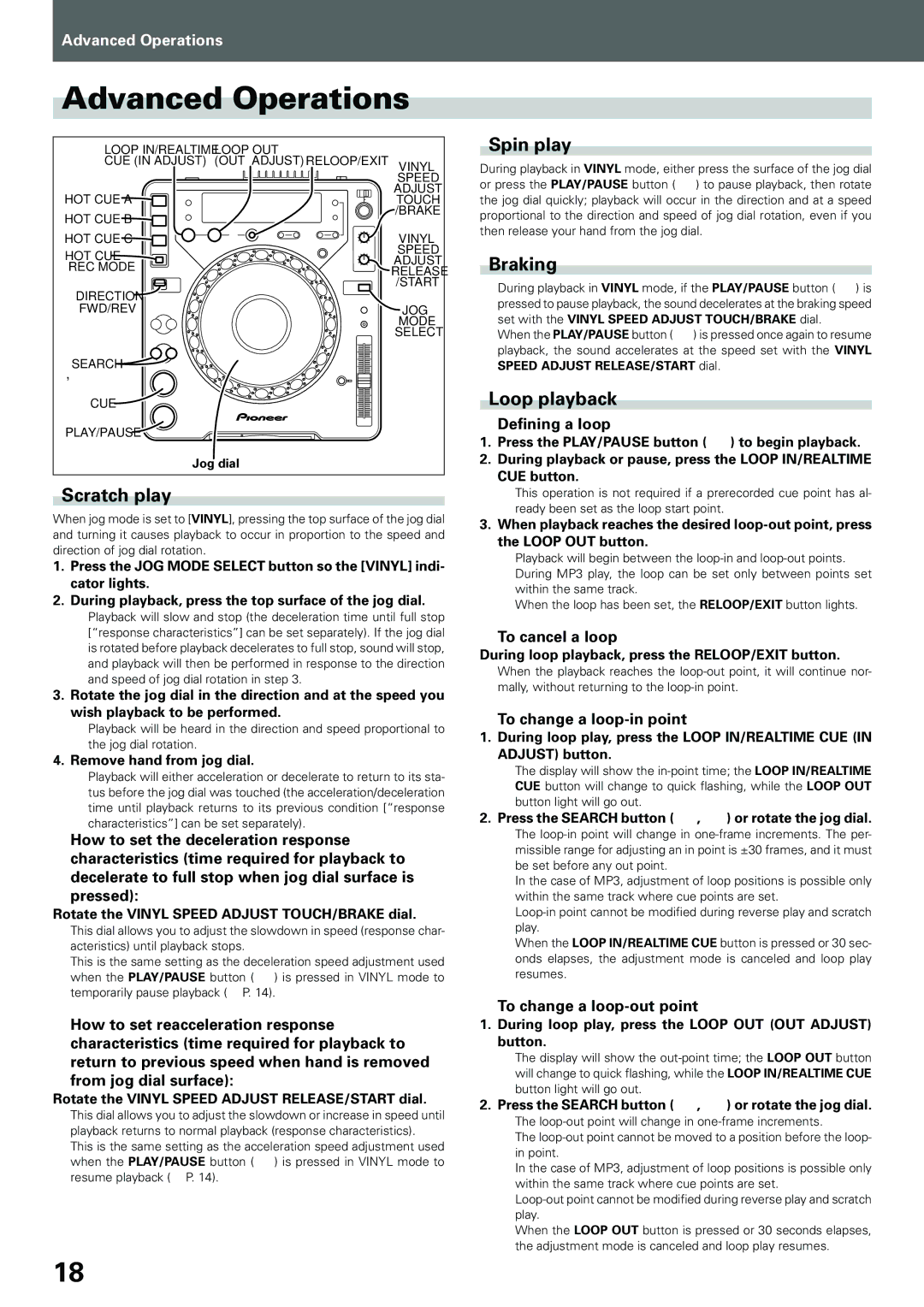 Pioneer compact disc player, CDJ-1000MK3 manual Advanced Operations, Scratch play, Spin play, Braking, Loop playback 