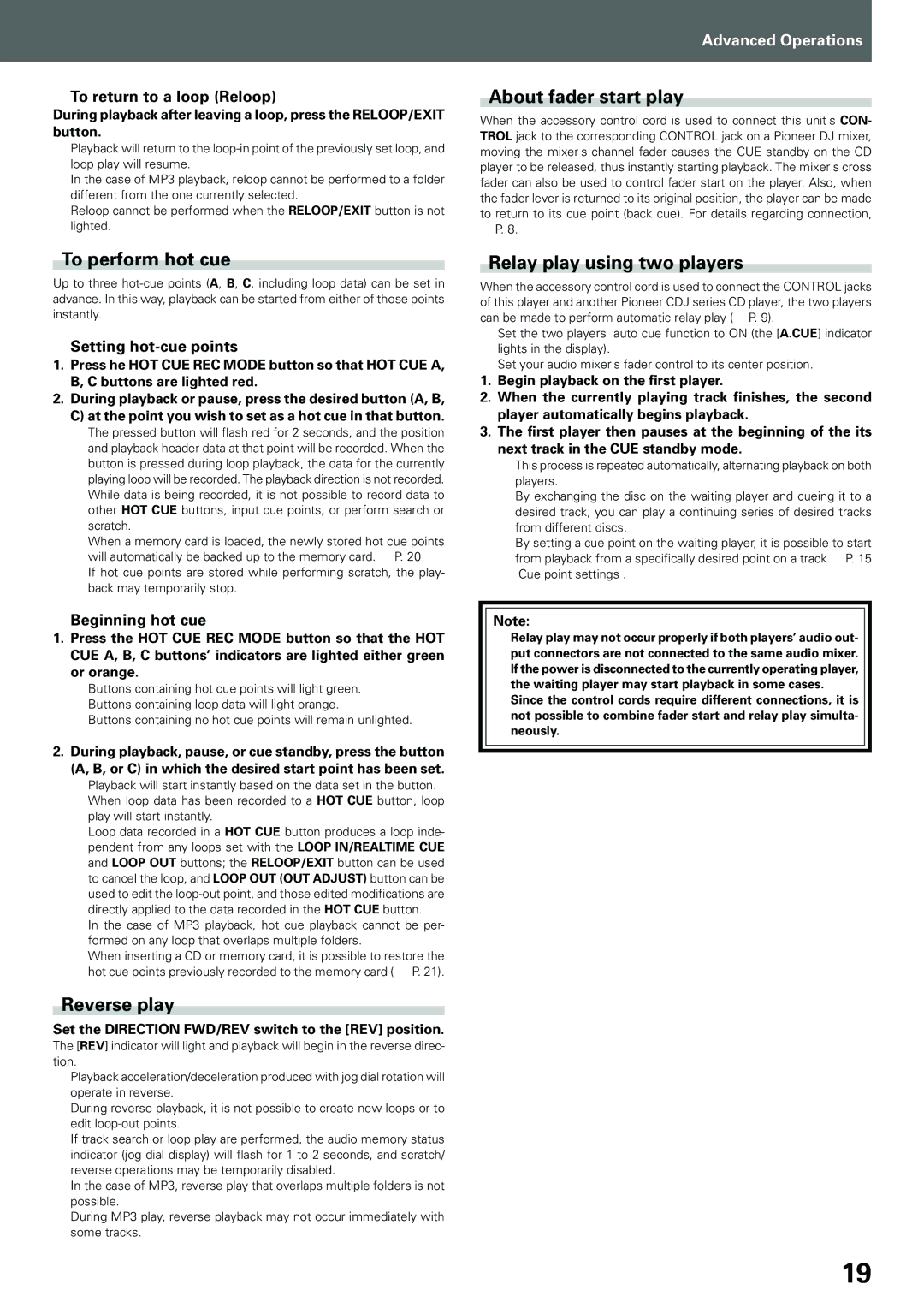 Pioneer CDJ-1000MK3 manual To perform hot cue, Reverse play, About fader start play, Relay play using two players 