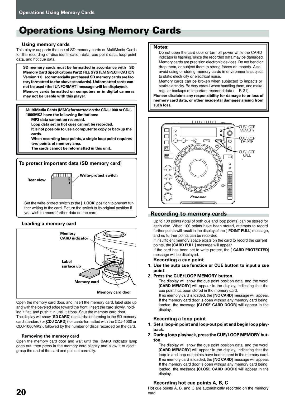 Pioneer compact disc player, CDJ-1000MK3 manual Operations Using Memory Cards, Recording to memory cards 